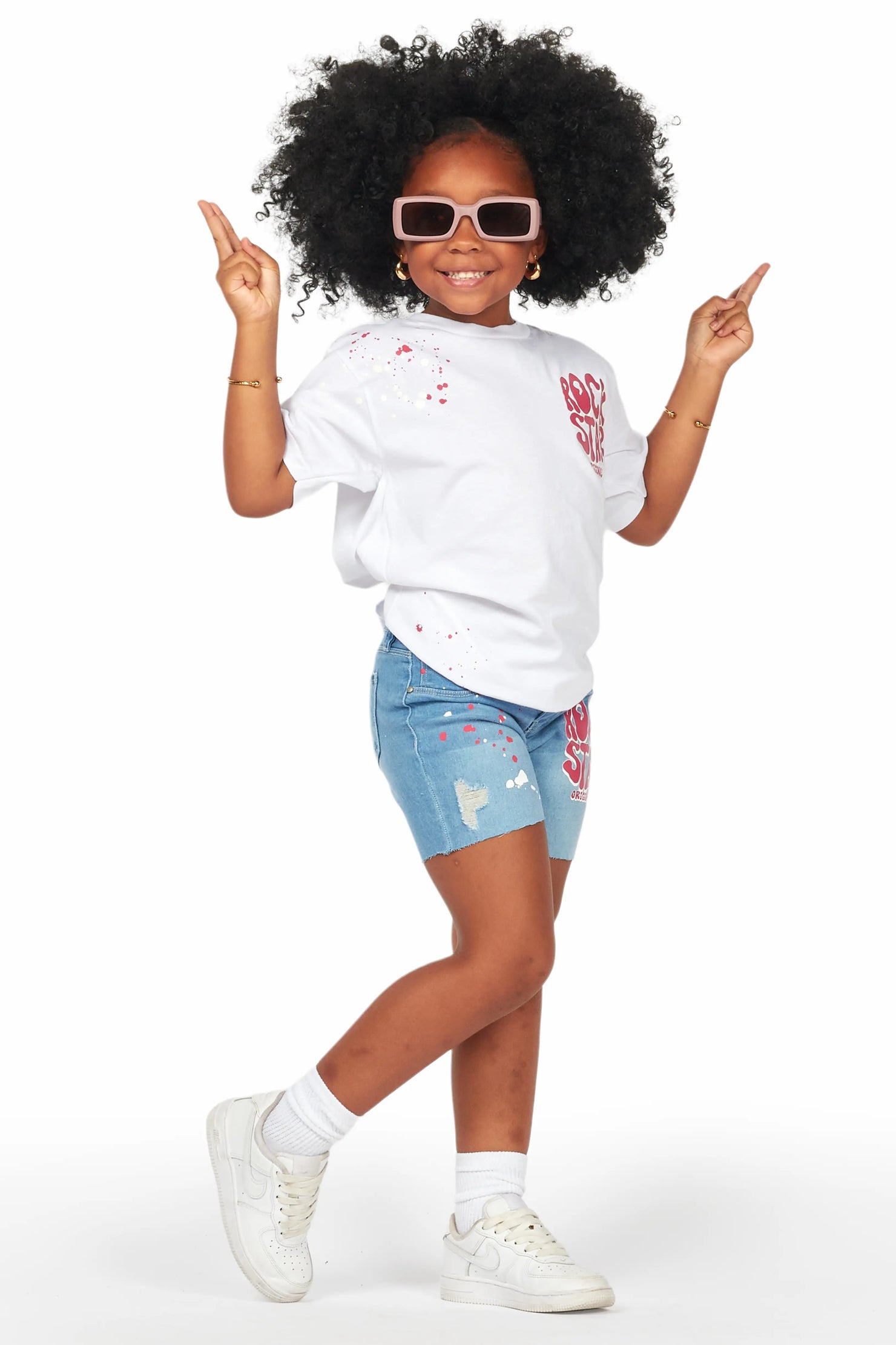 Girls Adrina White/Blue T-Shirt Denim Short Set