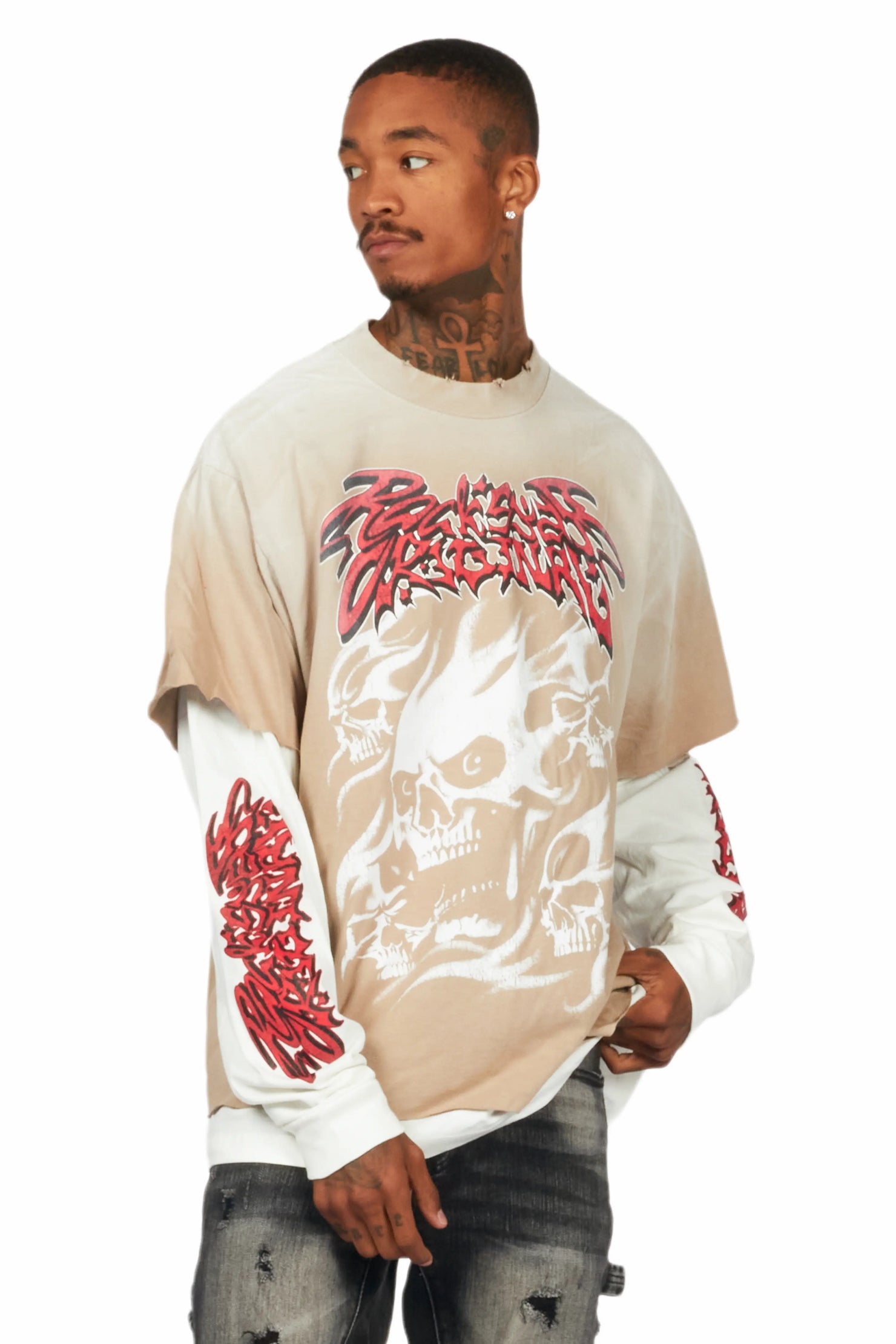 Schtupp Beige/White Double Layer Long Sleeve Graphic T-Shirt