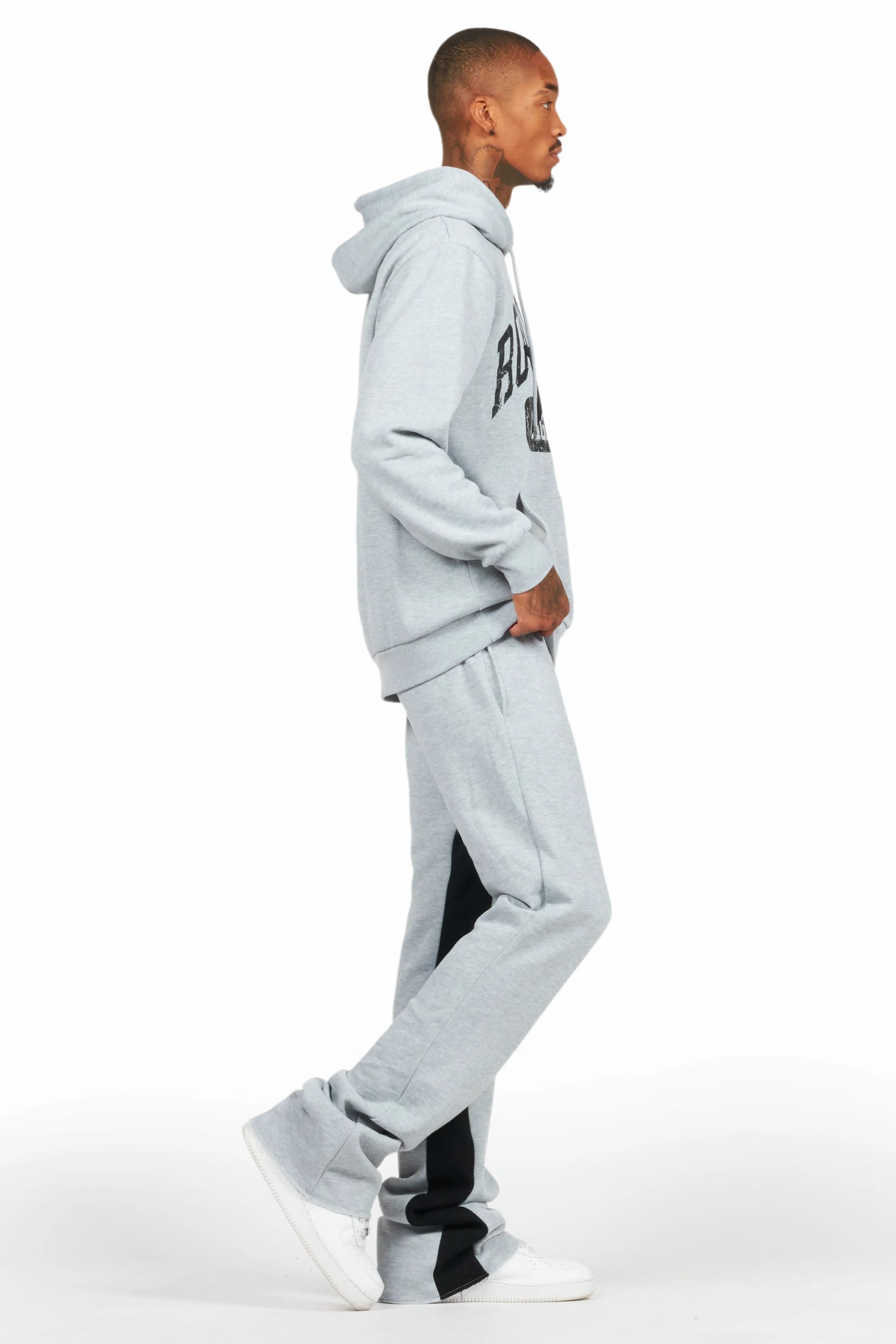 Mallor Heather Grey Baggy Stacked Hoodie Track Set