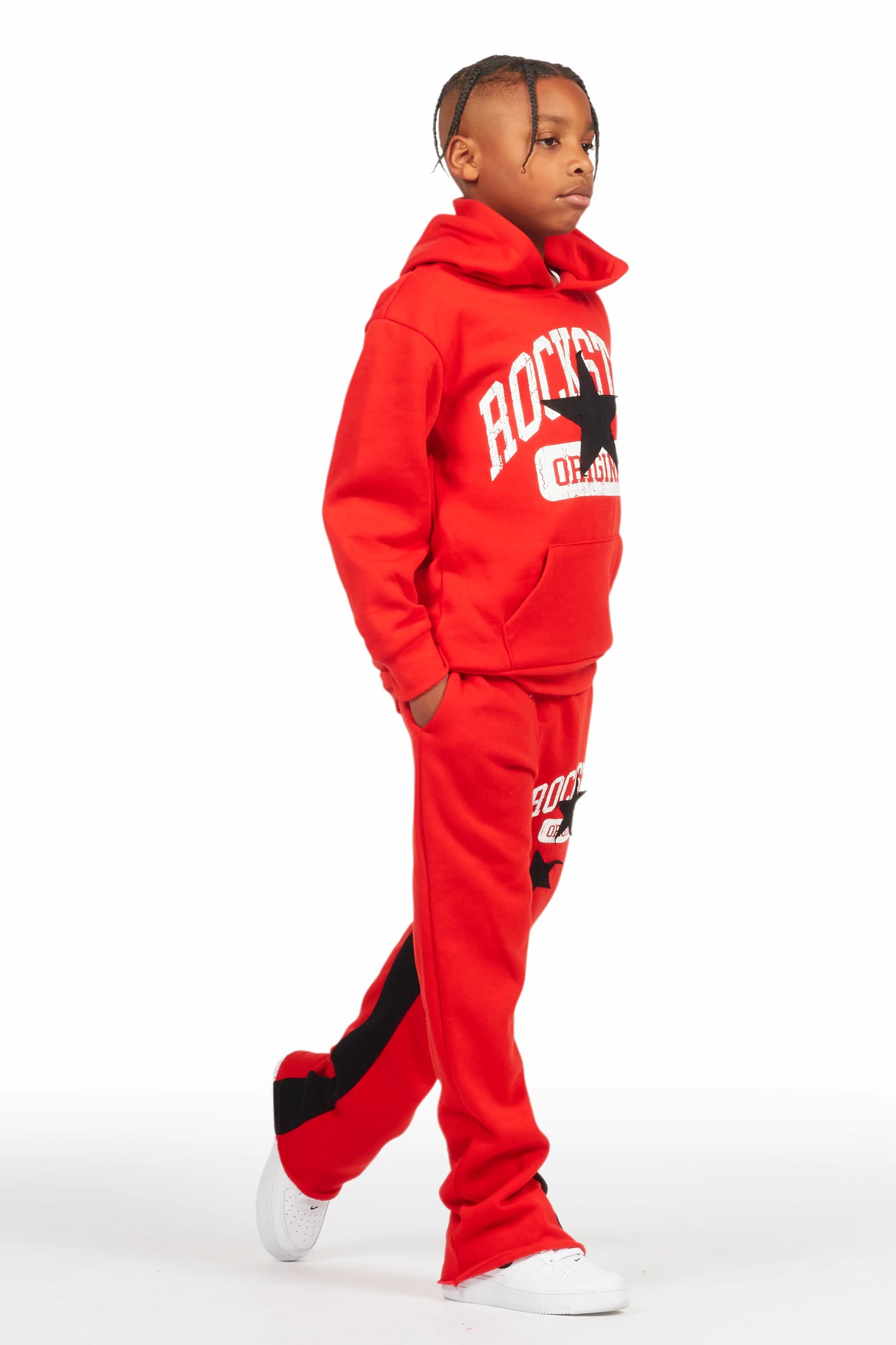 Boys Mallor Red/Black Baggy Stacked Hoodie Track Set