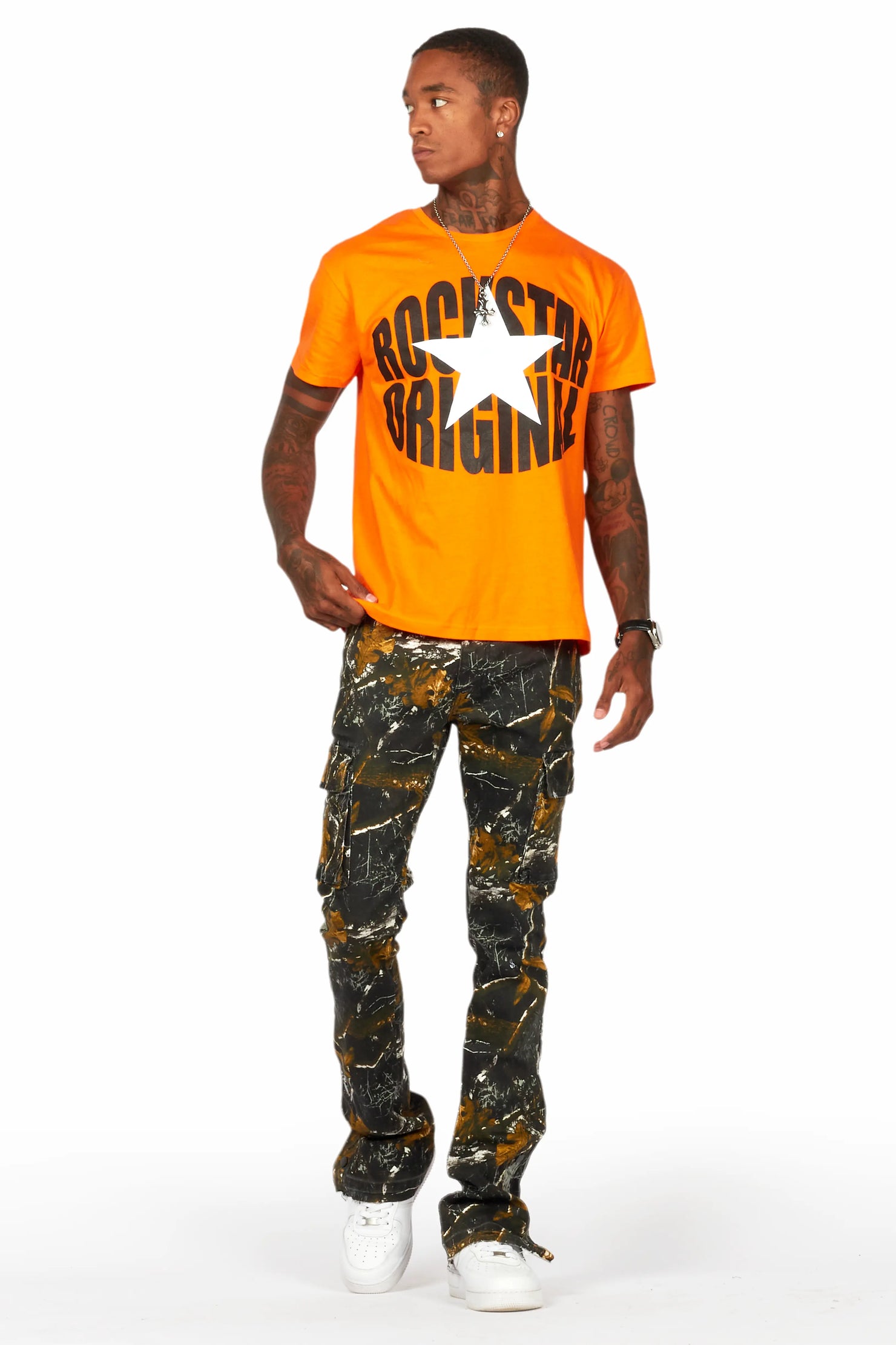 Waage Black Tree Camo Cargo Stacked Flare Jean