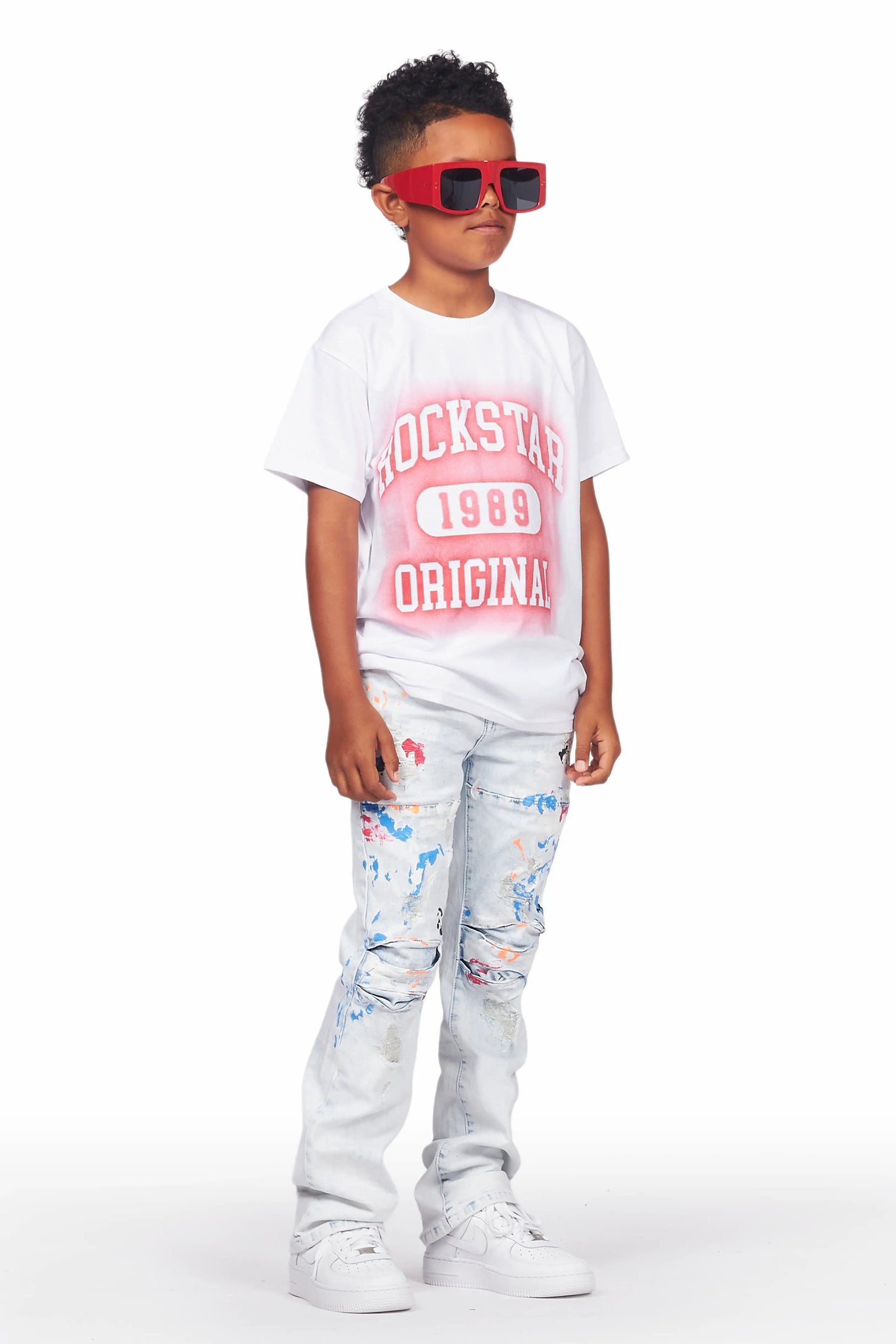 Boys Urian White/Red T-Shirt/Stacked Flare Jean Set