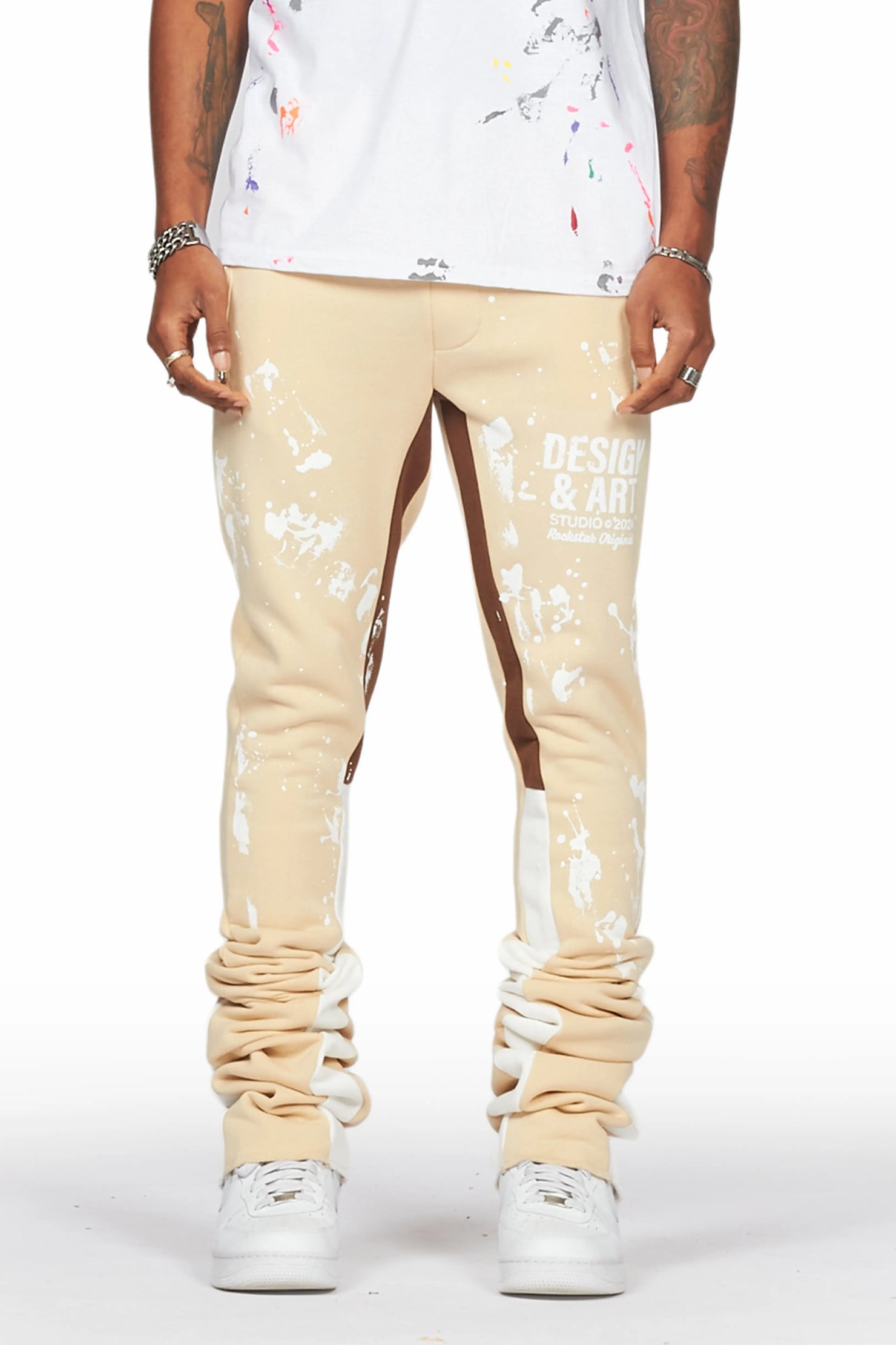 Damone Beige Super Stacked Flare Track Pant