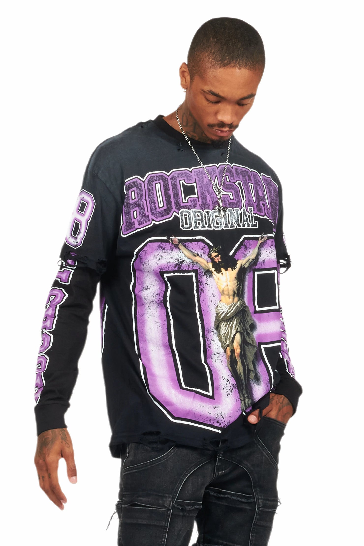 Fields Black/Purple Double Layer Long Sleeve Graphic T-Shirt