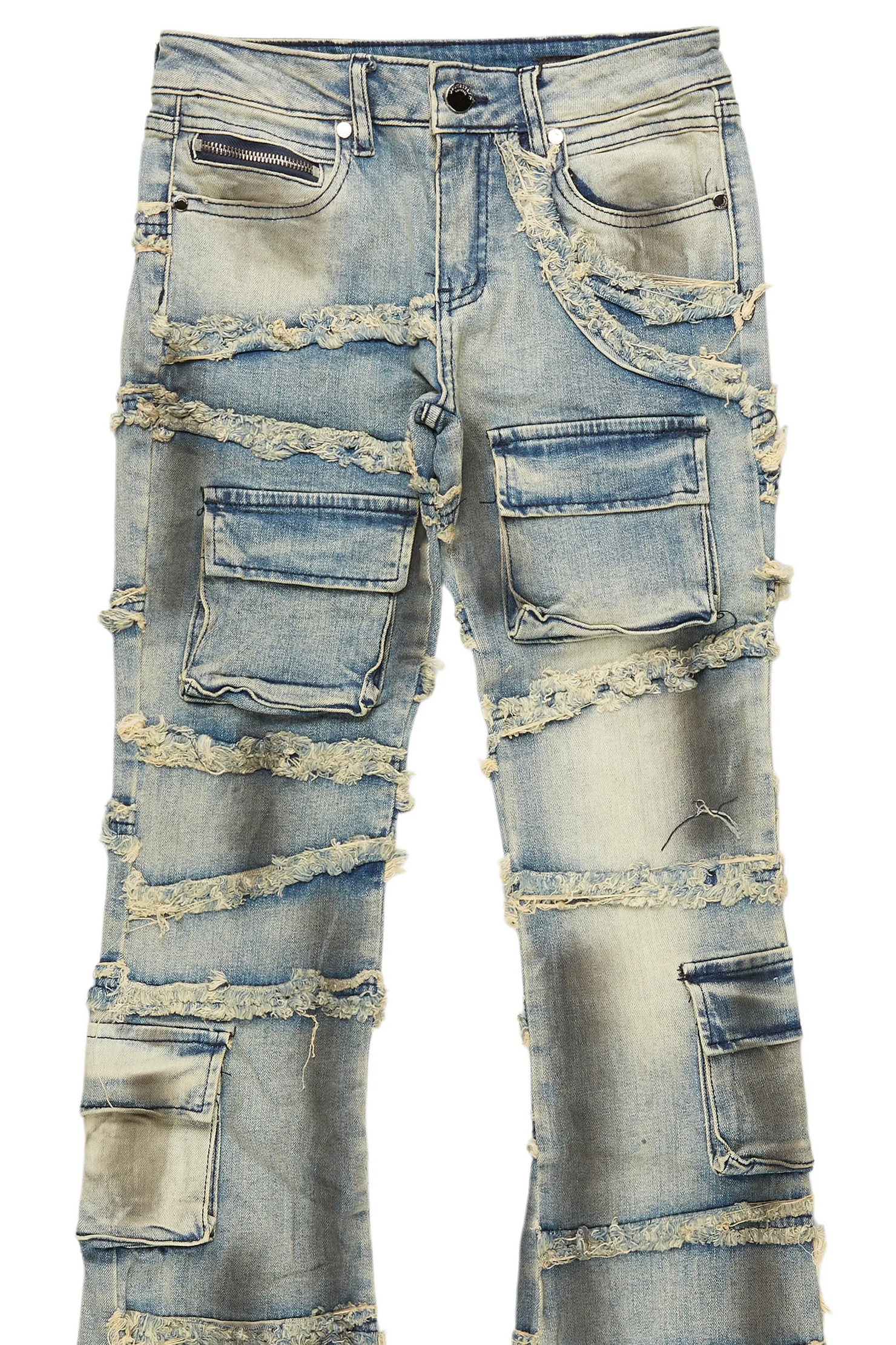 Boys Yves Blue Ripped Stacked Flare Cargo Jeans