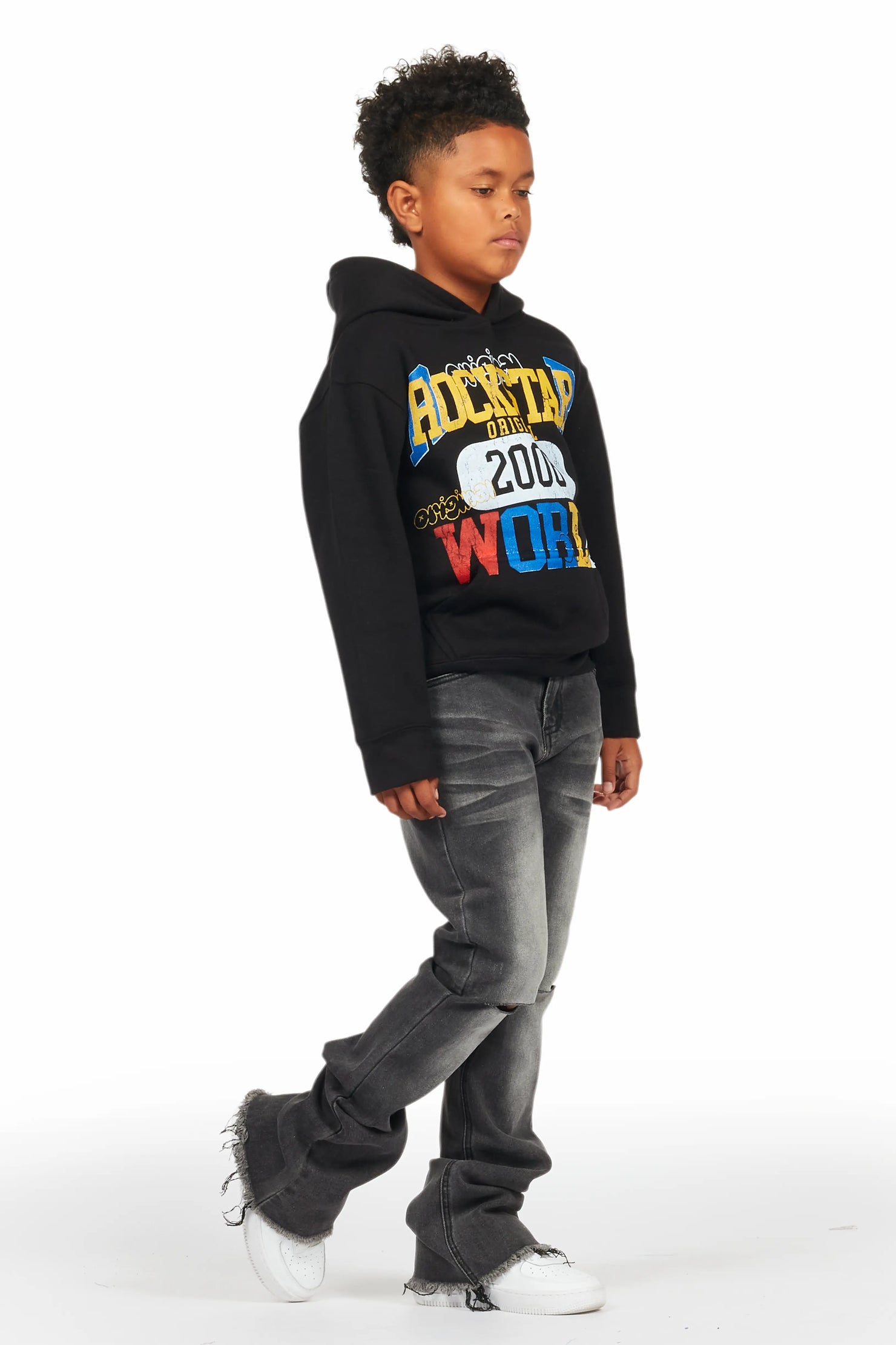 Boys Daria Black/Dark Grey Hoodie/Stacked Flare Jean Set