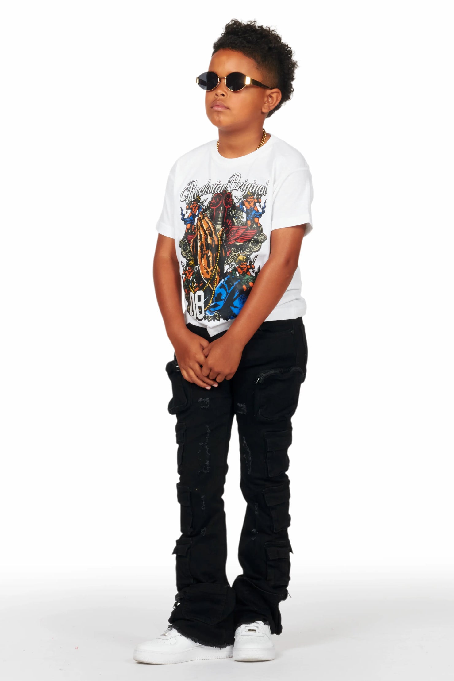 Boys Konrad Black Cargo Stacked Flare Jean