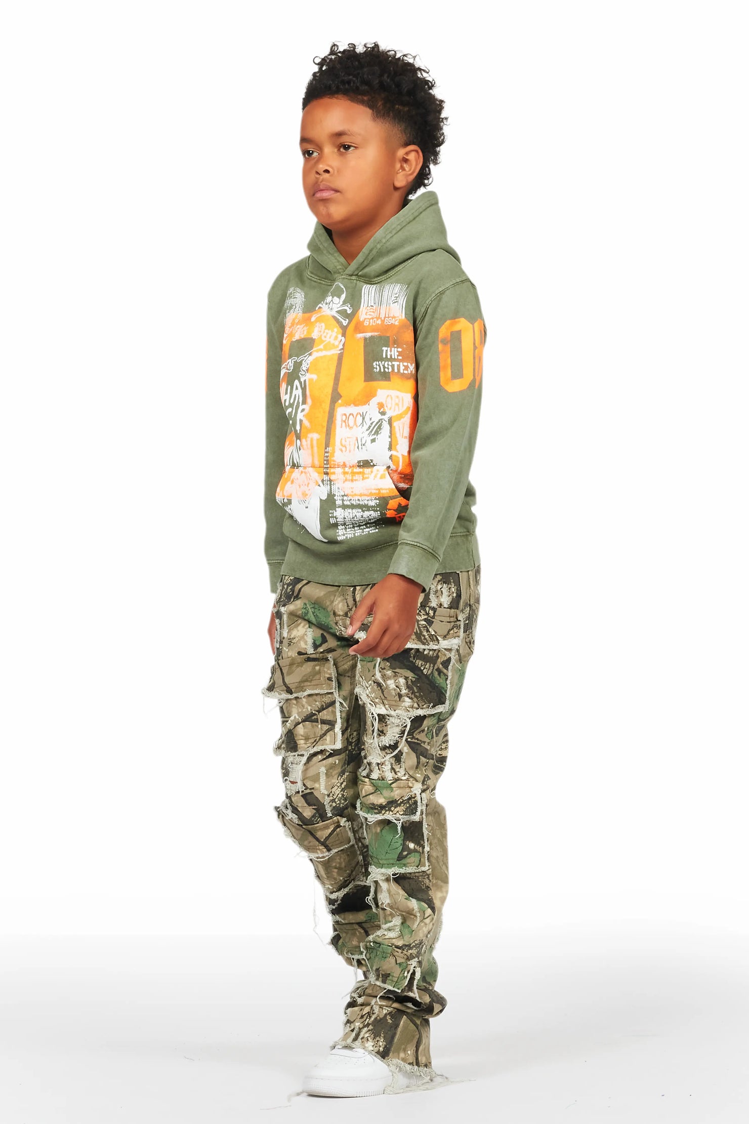 Boys Beau Tree Camo Hoodie/Stack Flare Jean Set