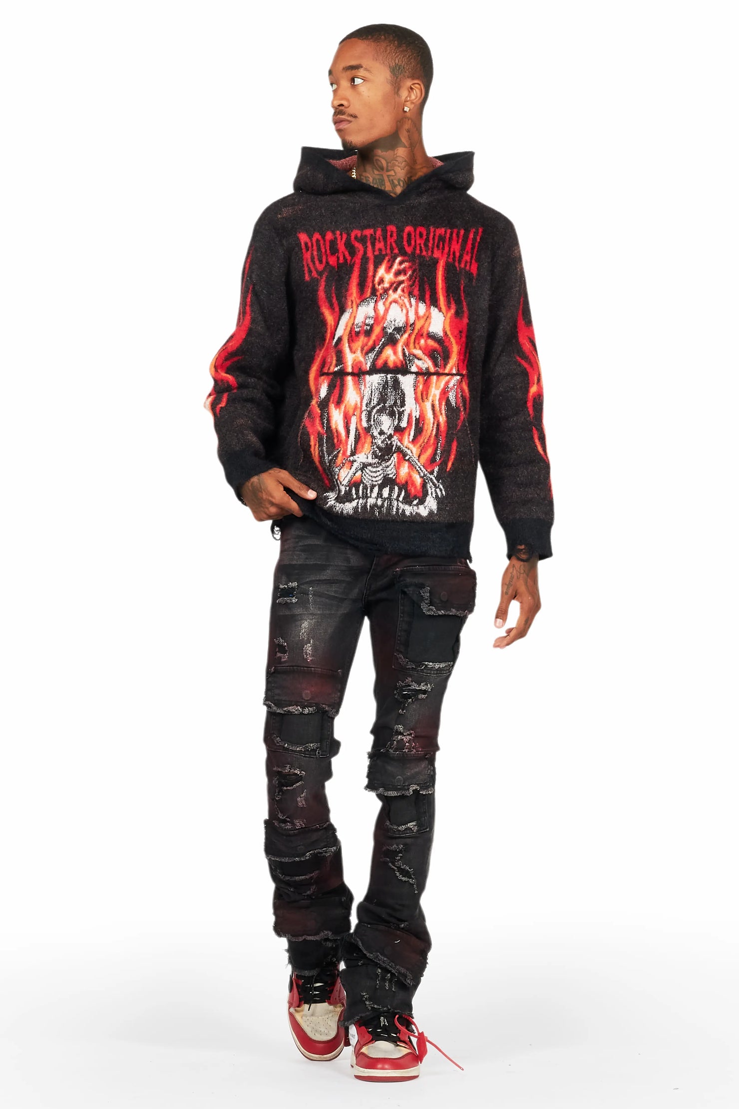 Fuka Black Knit Hoodie/Super Stacked Flare Jean Bundle