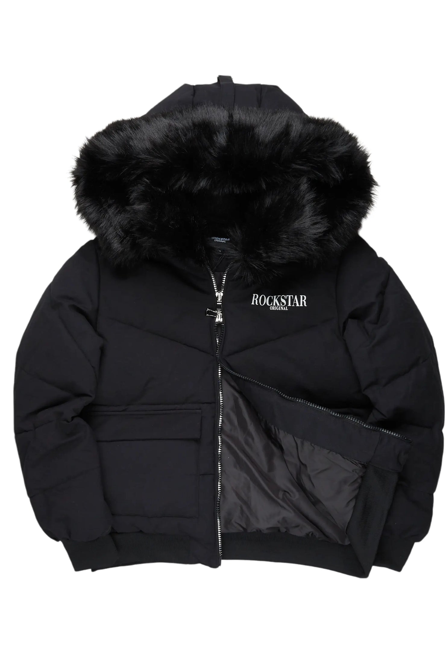 Langston Black Puffer Jacket with Fur Hood