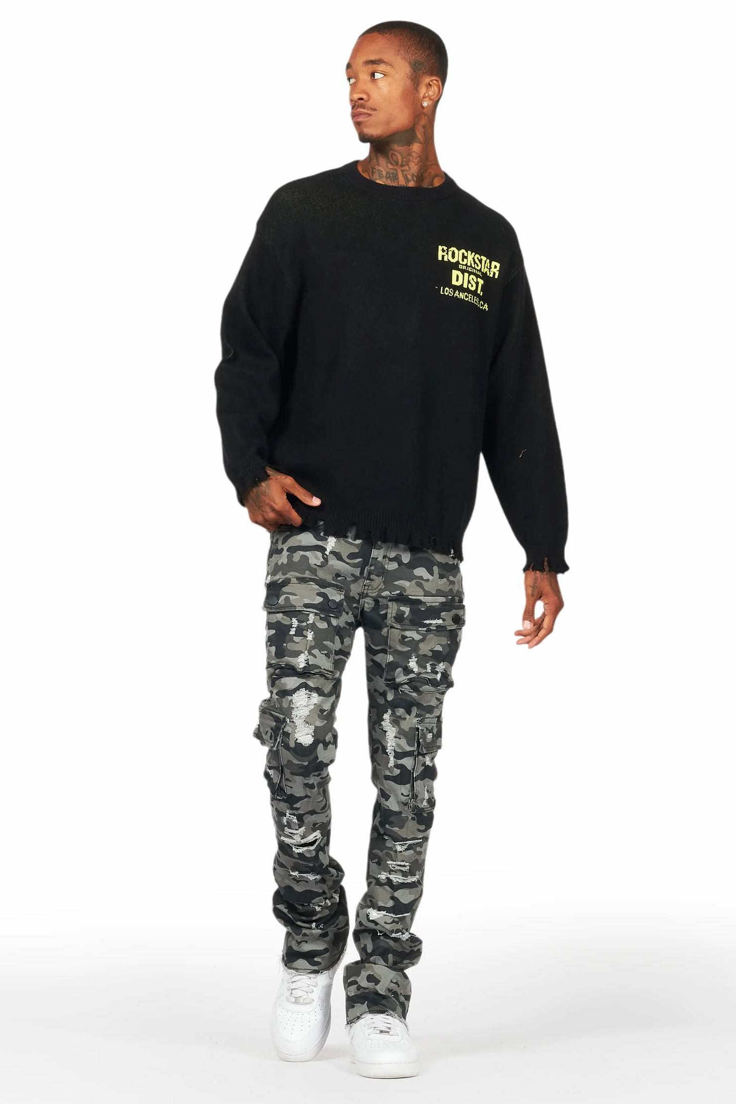 Zaid Grey Camo Stacked Flare Jean