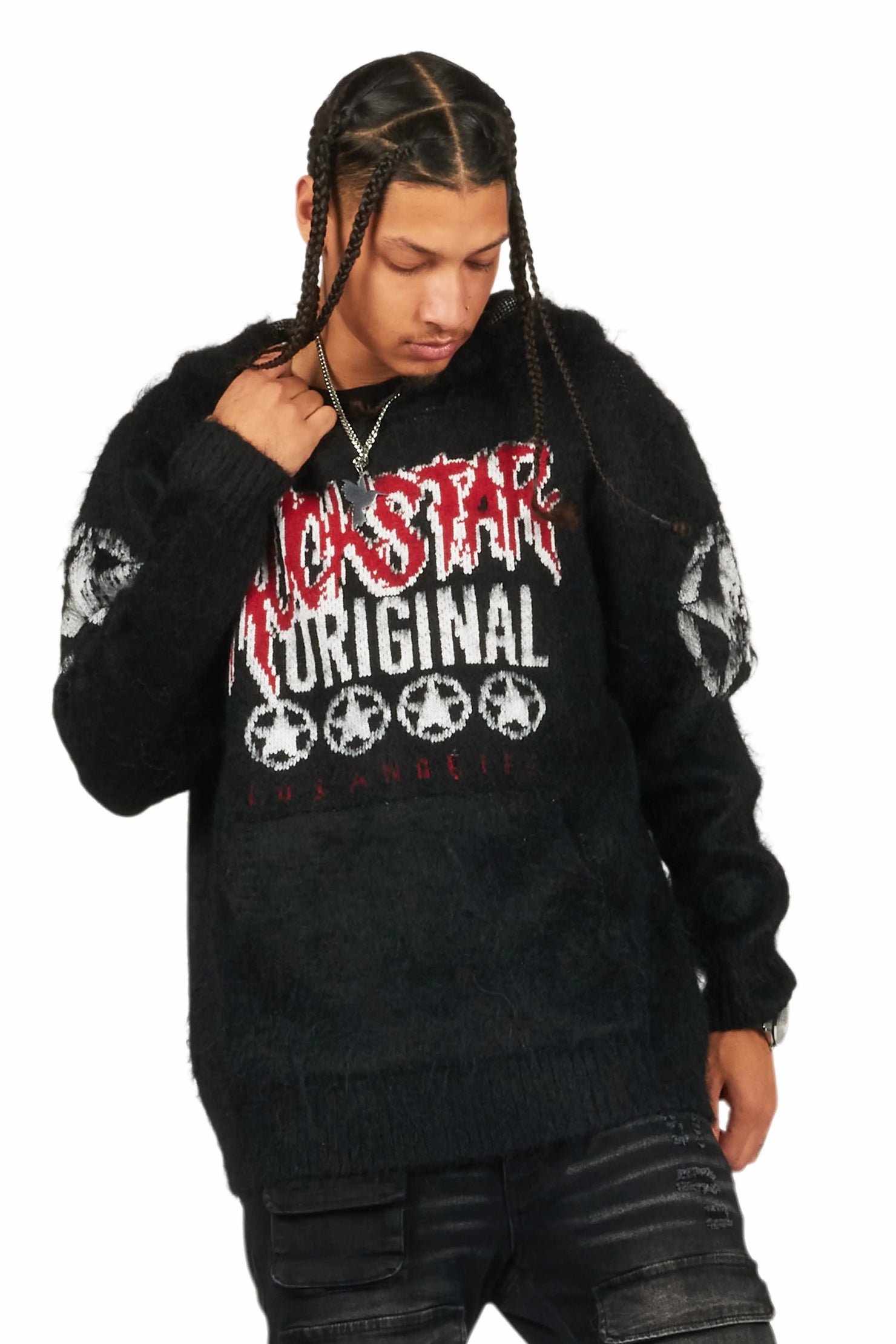 Wizzurd Black Graphic Knitted Mohair Hoodie