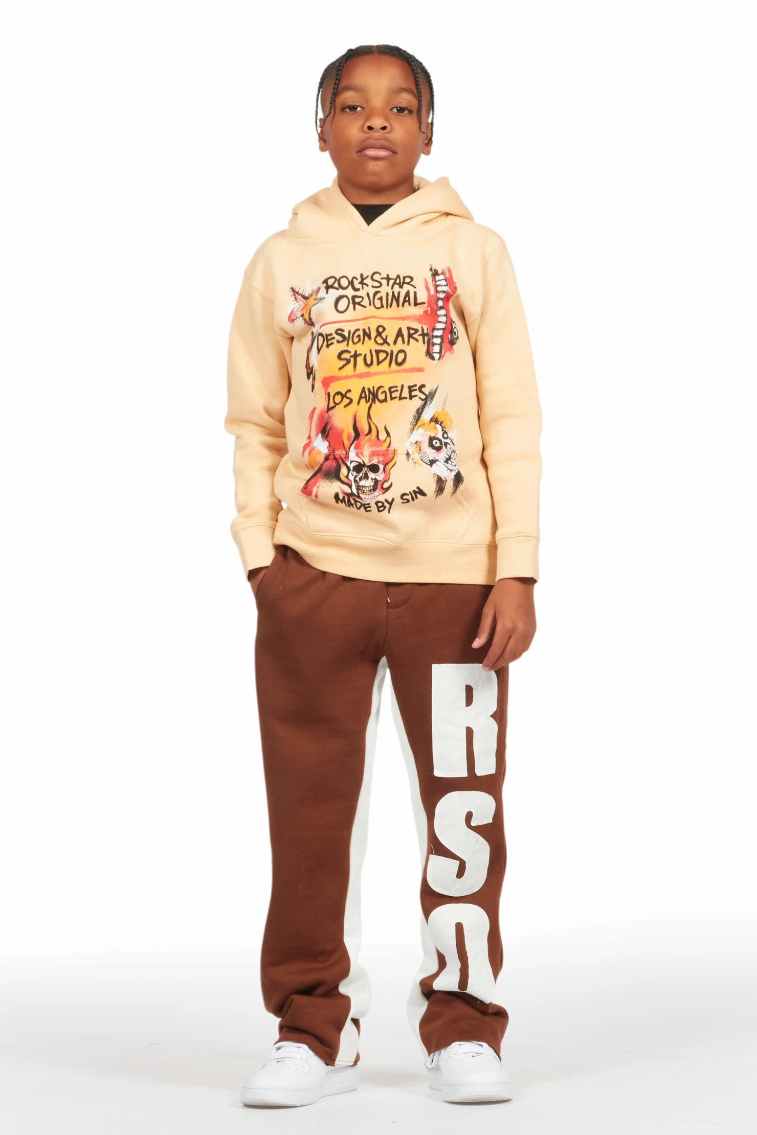 Boys Uko Brown Stacked Baggy Flare Pant