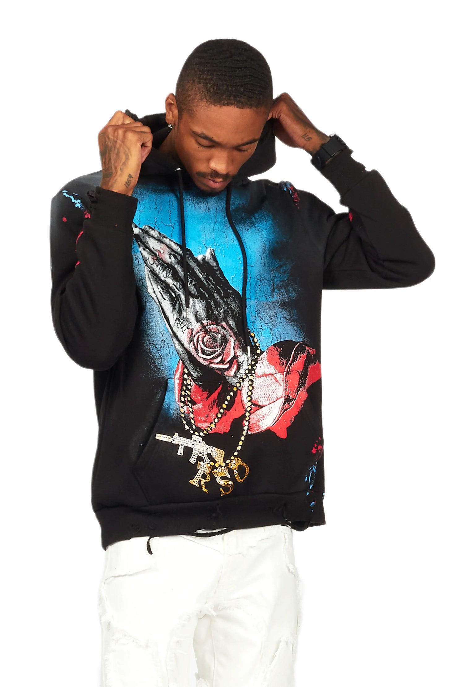 Gonave Black Graphic Distressed Hoodie