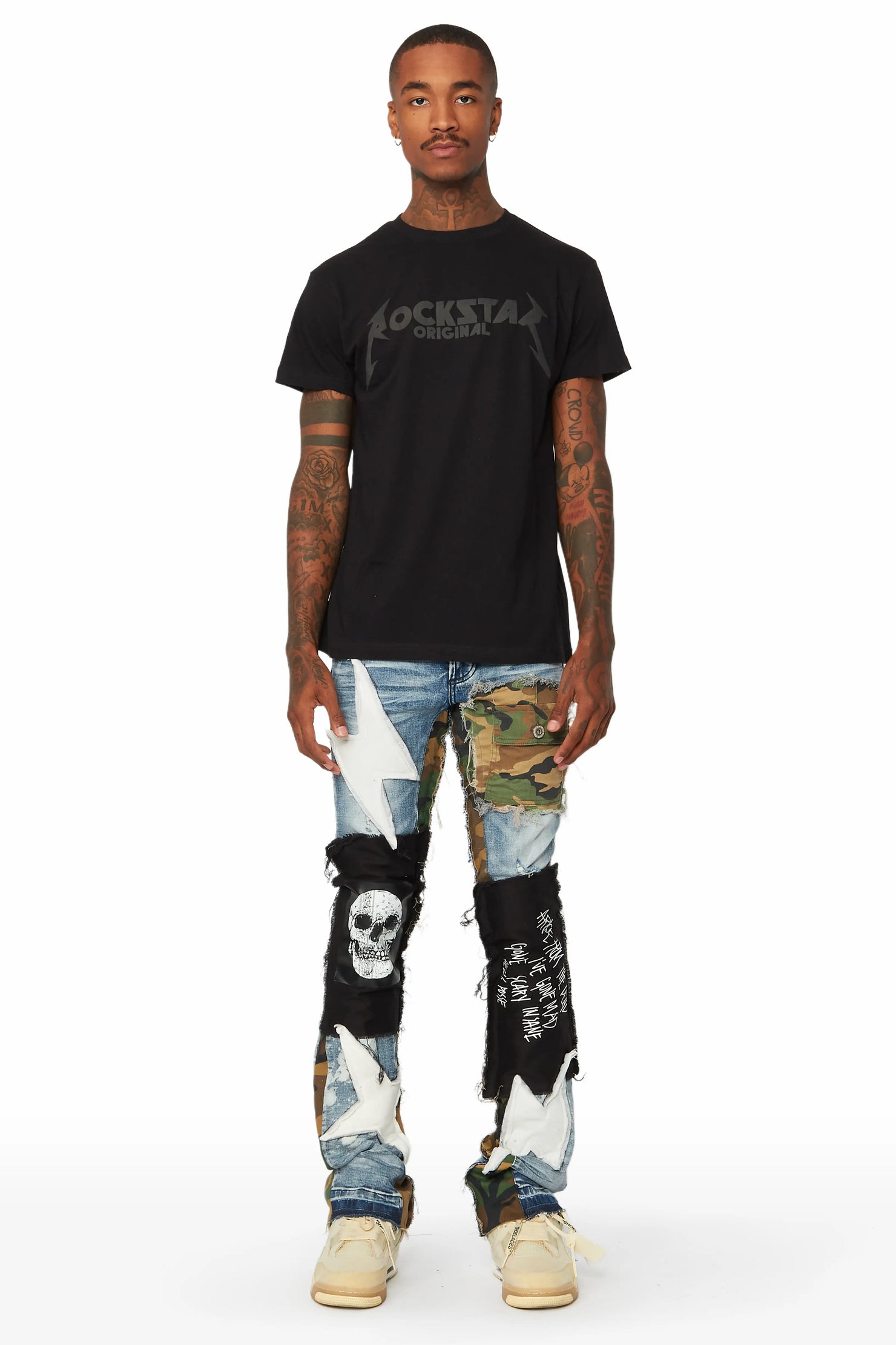 Soren Blue/Camo Stacked Patchwork Flare Jean