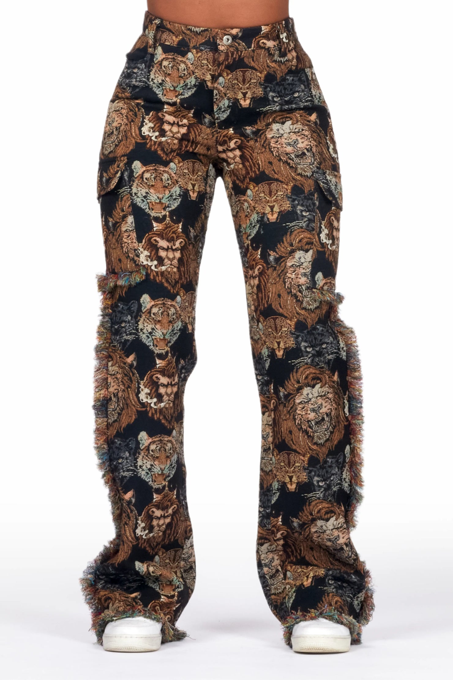 Khadiyah Black Animal Print Tapestry Stacked Pant