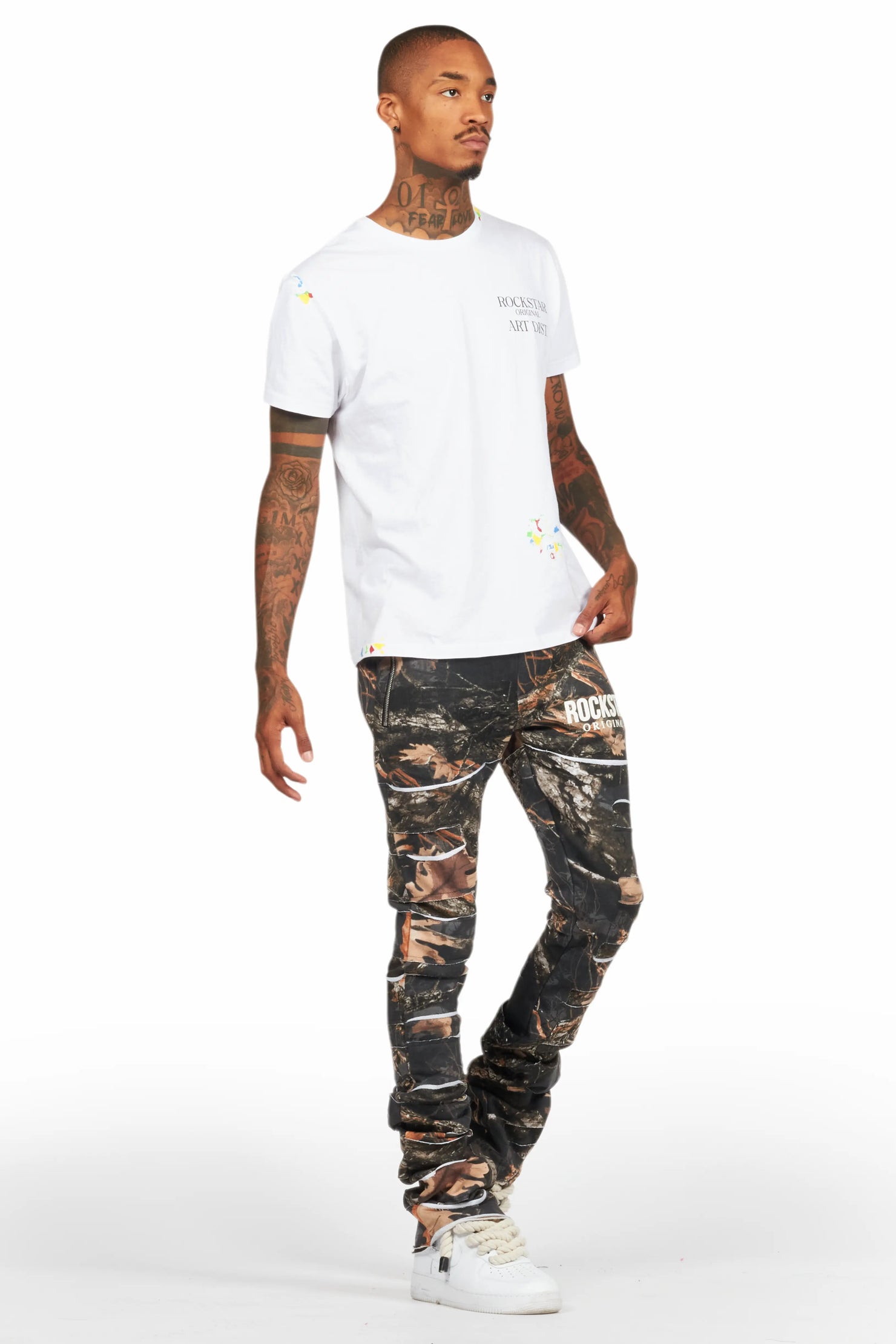 Emilio Black Tree Camo Stacked Flare Track Pant