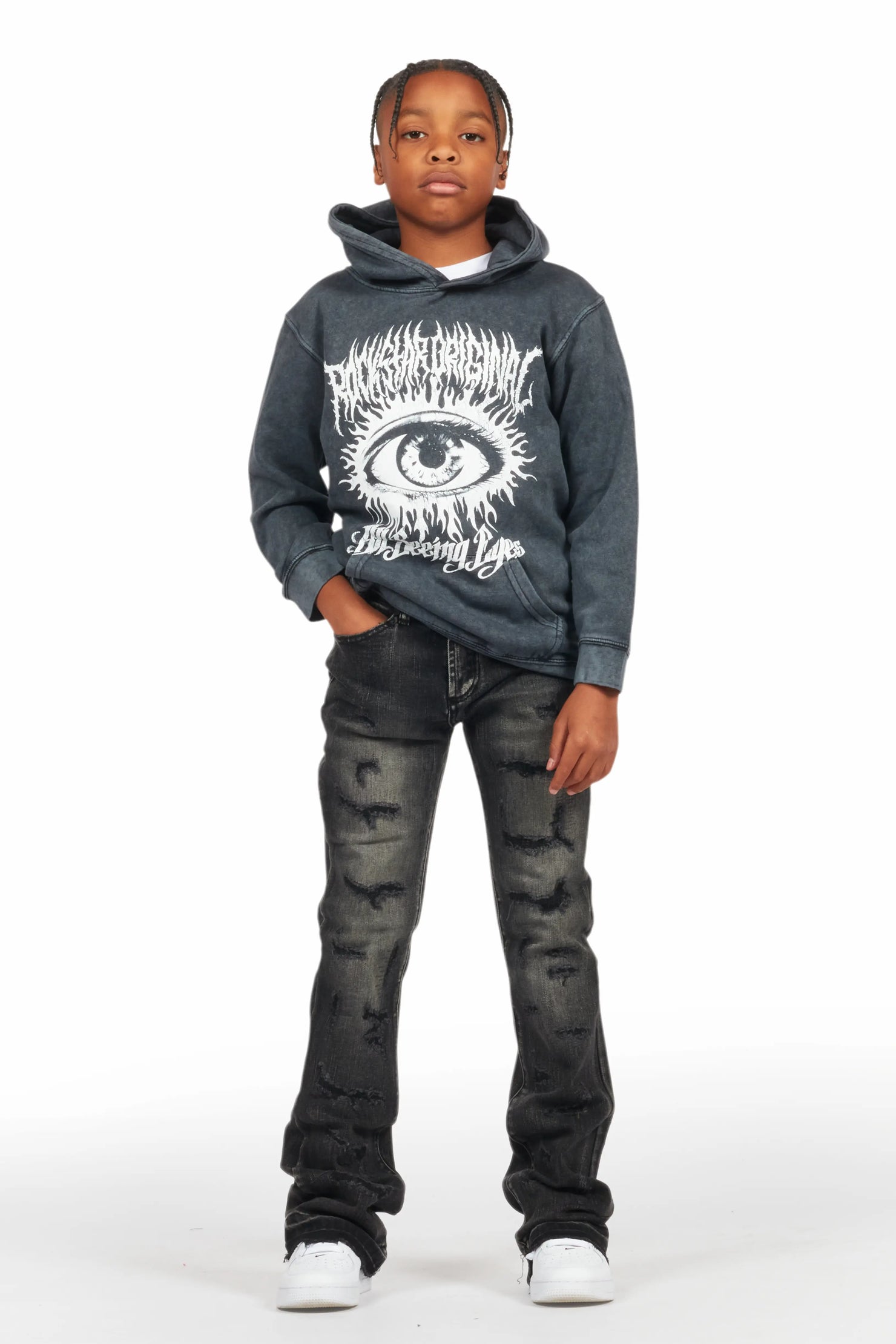 Boys All Eyes Vintage Black Hoodie/Stacked Flare Jean Set