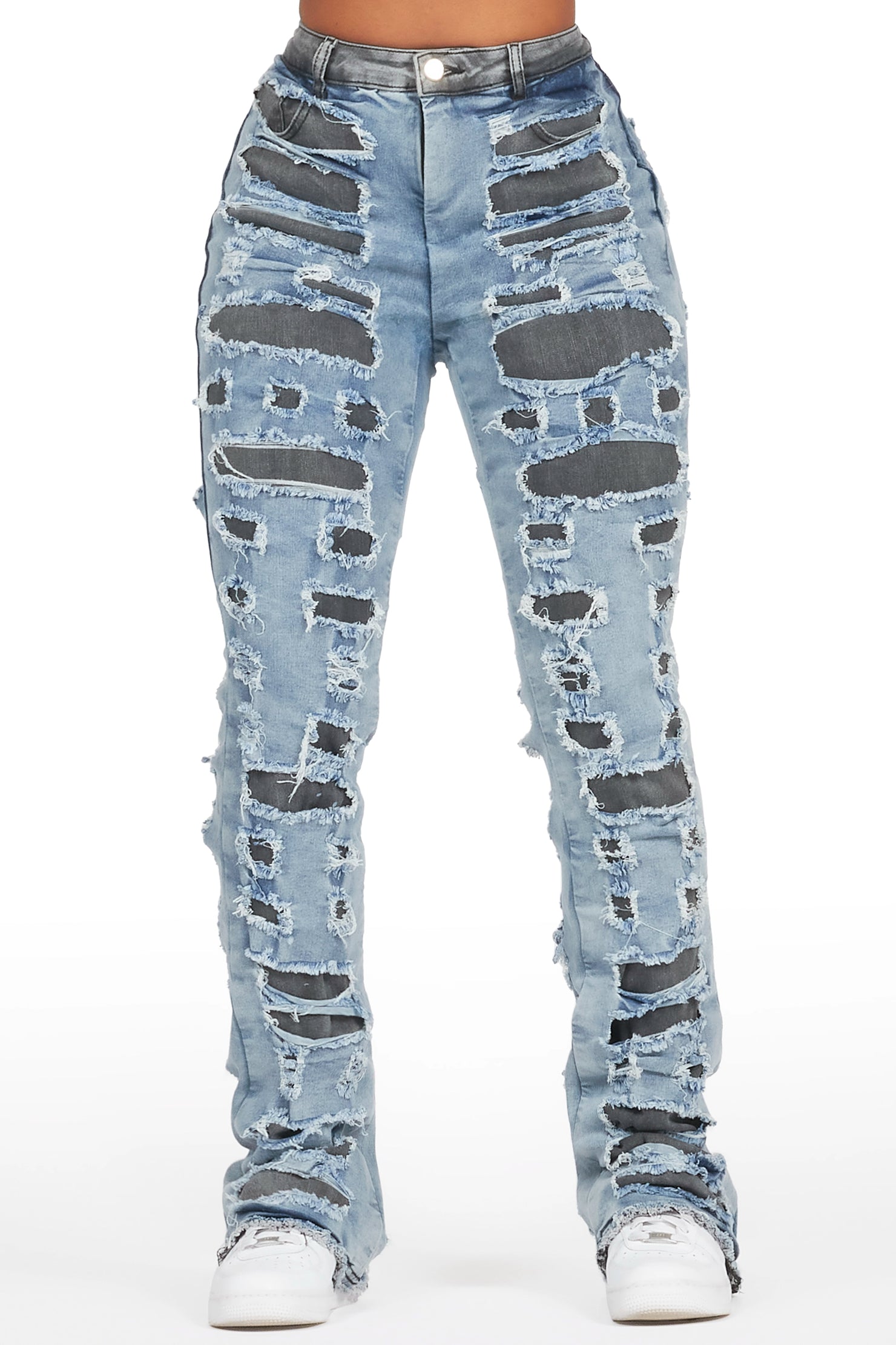 Jaidynn Blue/Black Distressed Stacked Flare Jean