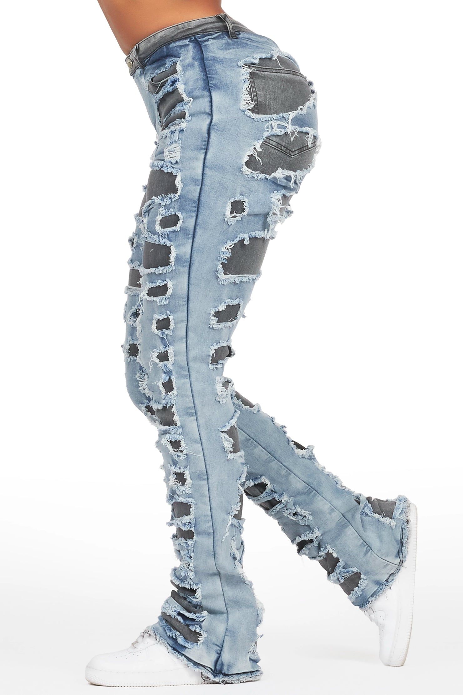 Jaidynn Blue/Black Distressed Stacked Flare Jean