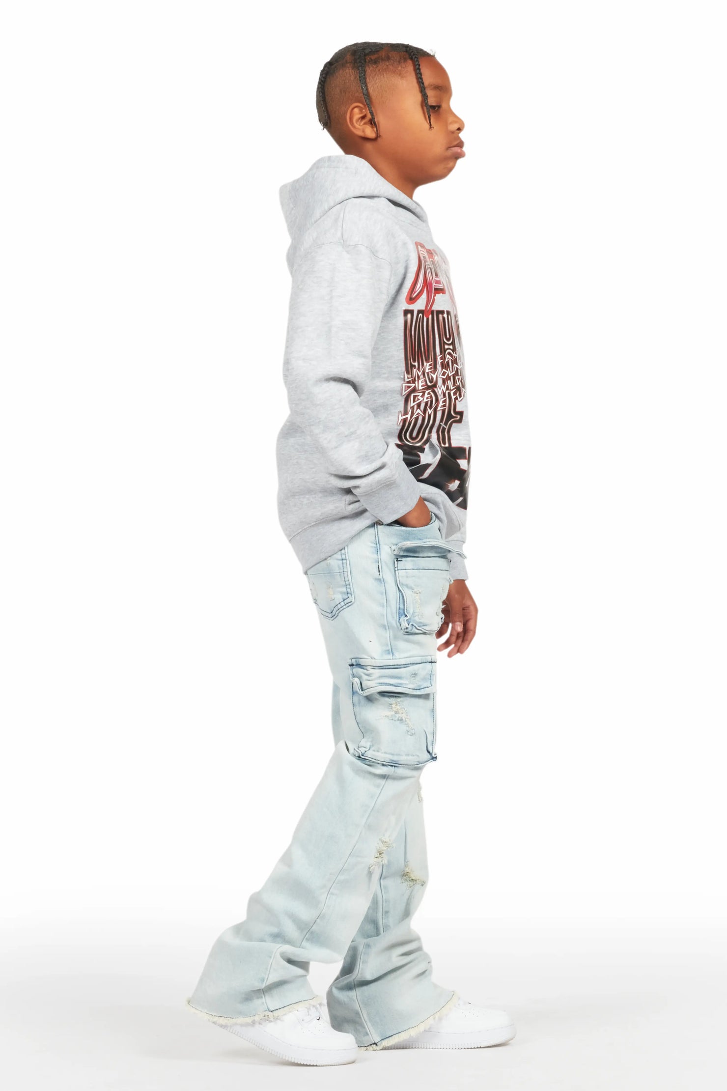 Boys Sterling Blue Fringe Stacked Flared Cargo Jean