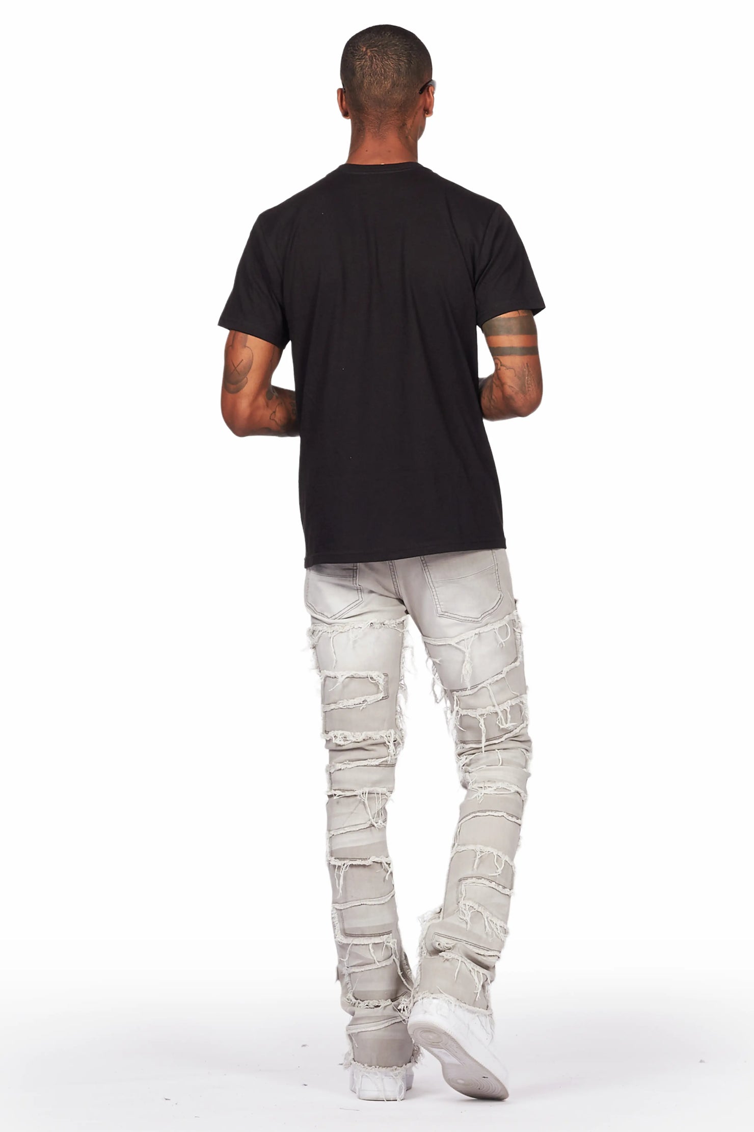 Ponce Black T-Shirt & Shake Grey Stacked Flare Jean Bundle