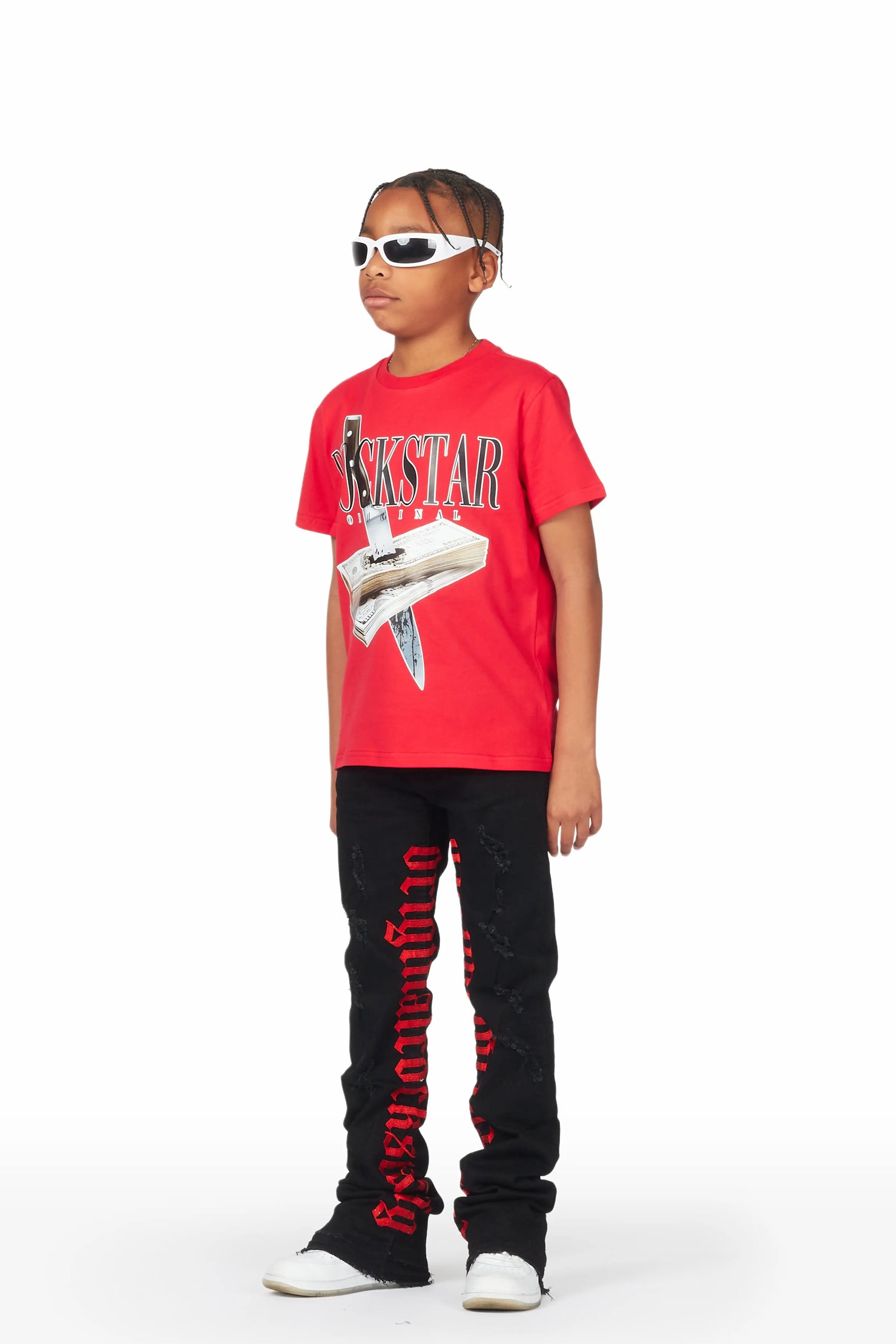 Boys Fynn Red/Black T-Shirt/Super Stacked Flare Jean