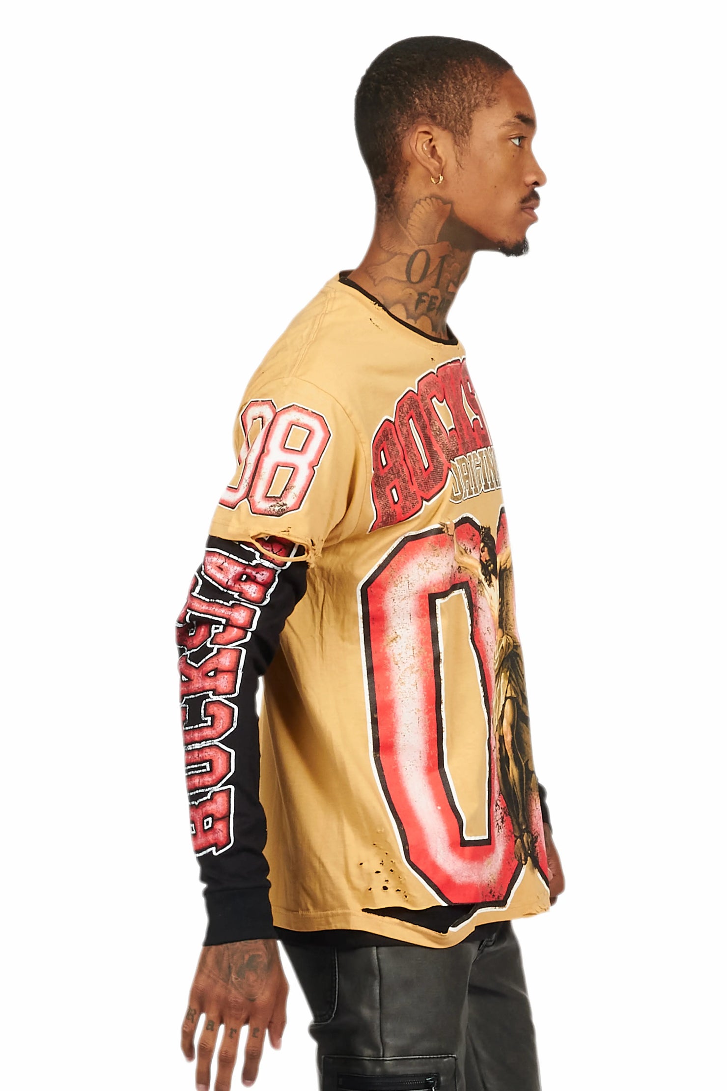 Fields Beige/Red Double Layer Long Sleeve Graphic T-Shirt