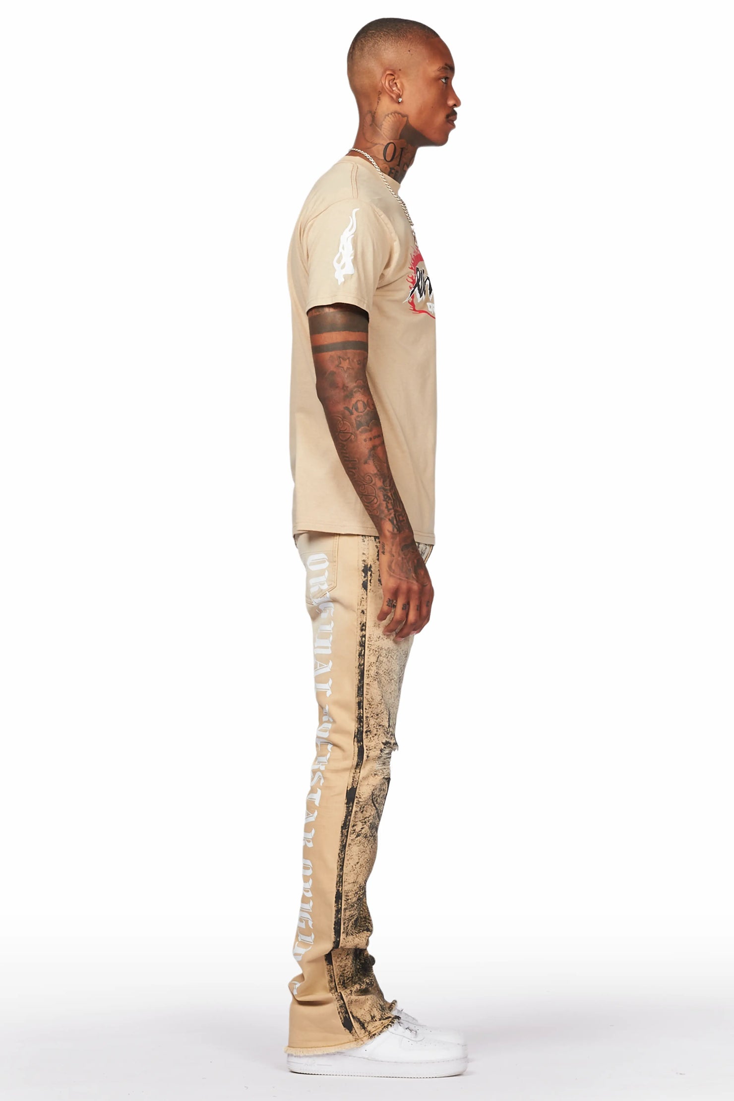 Reki Beige Painter Stacked Flare Jean