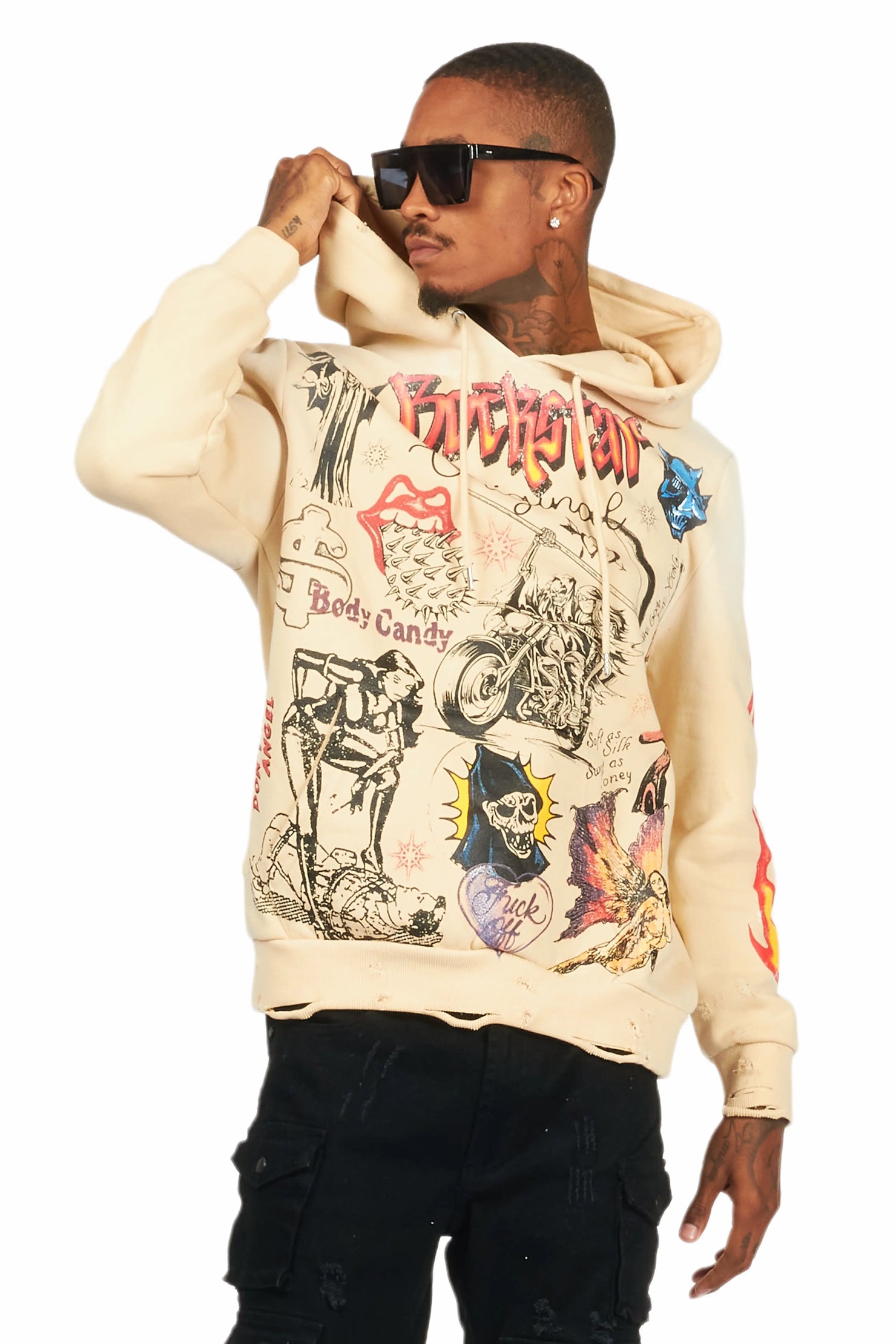 Shoota Beige Distressed Graphic Hoodie