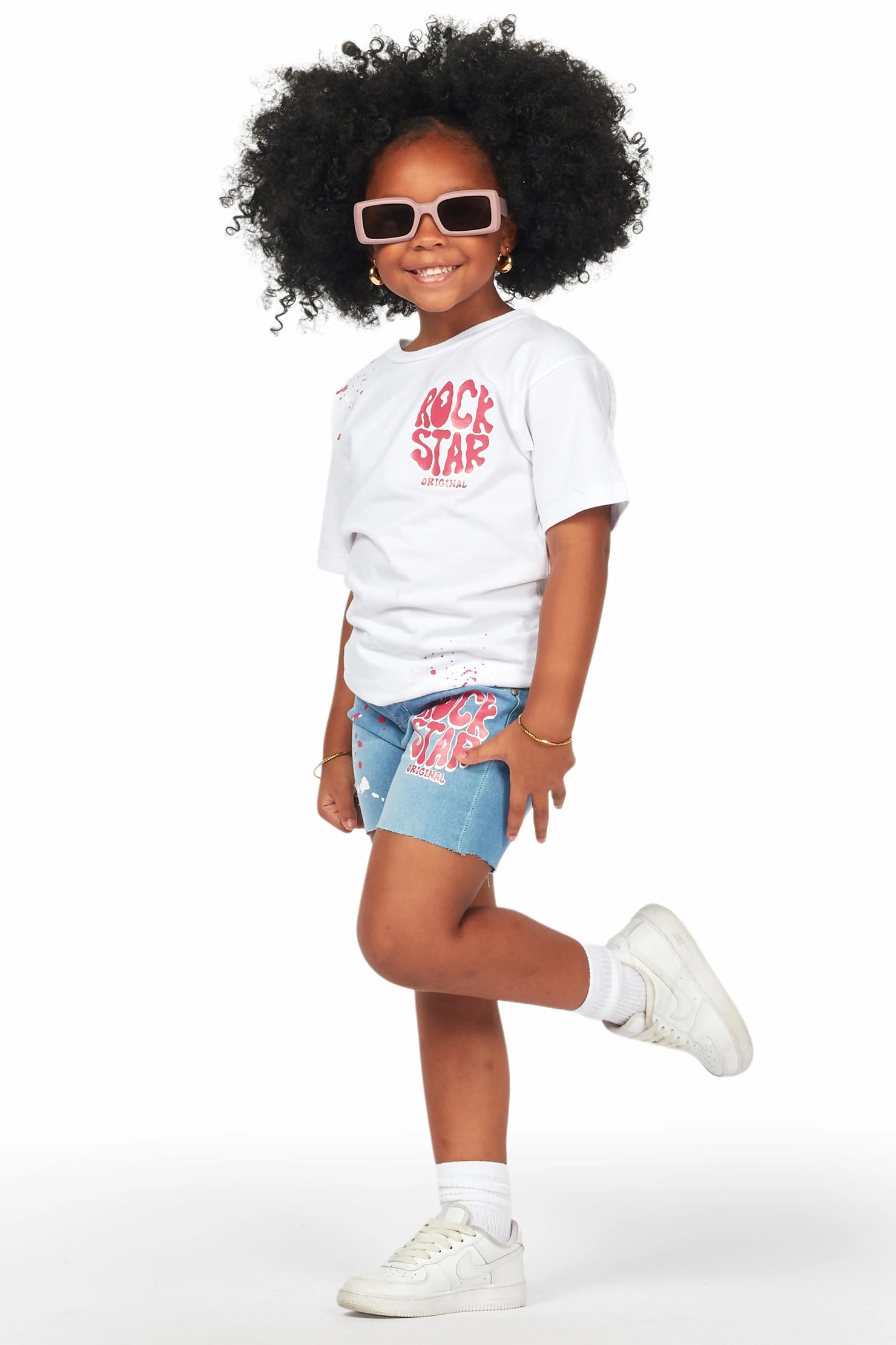 Girls Adrina White/Blue T-Shirt Denim Short Set