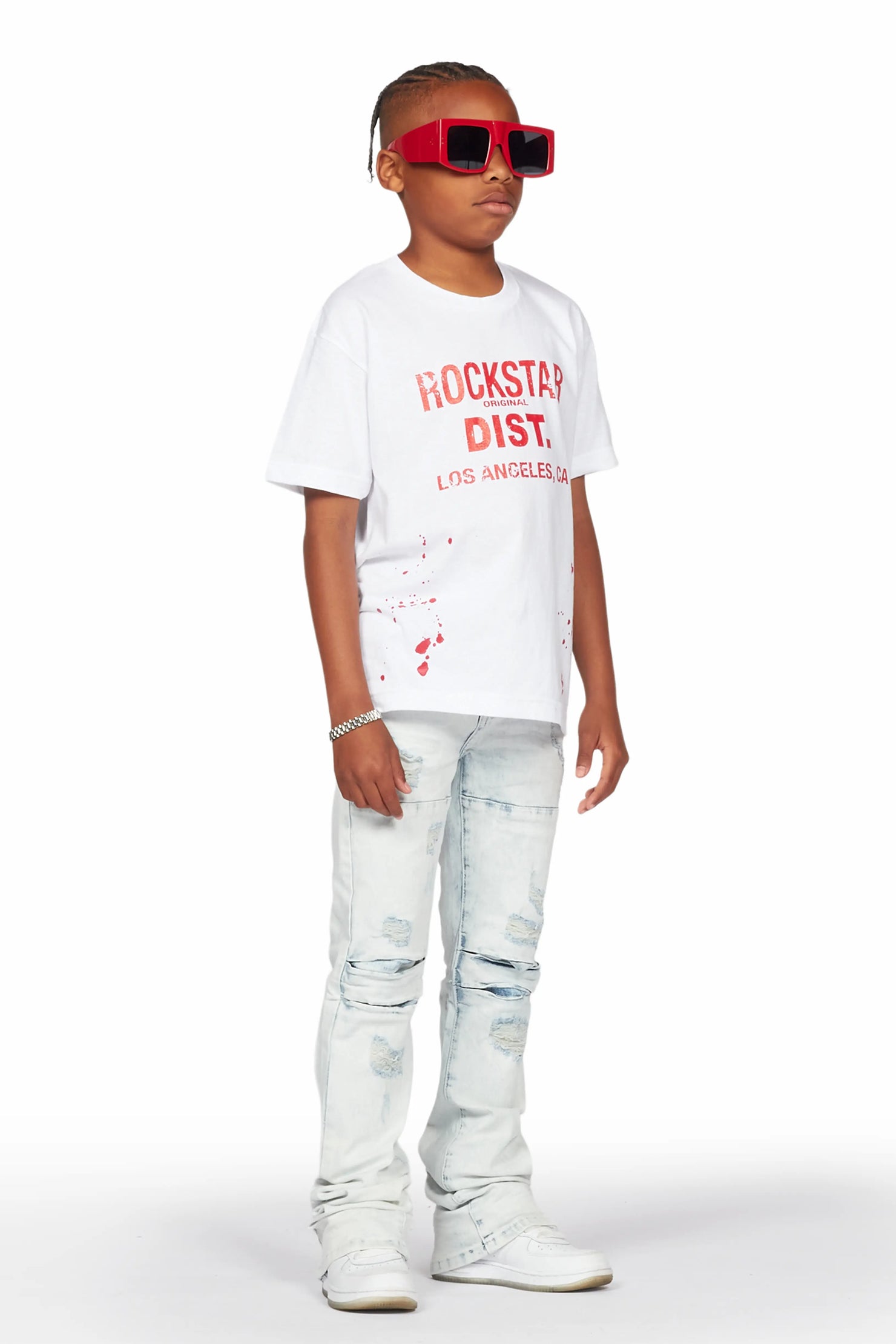 Boys Yasir White/Light Blue T-Shirt/Stacked Flare Jean Set