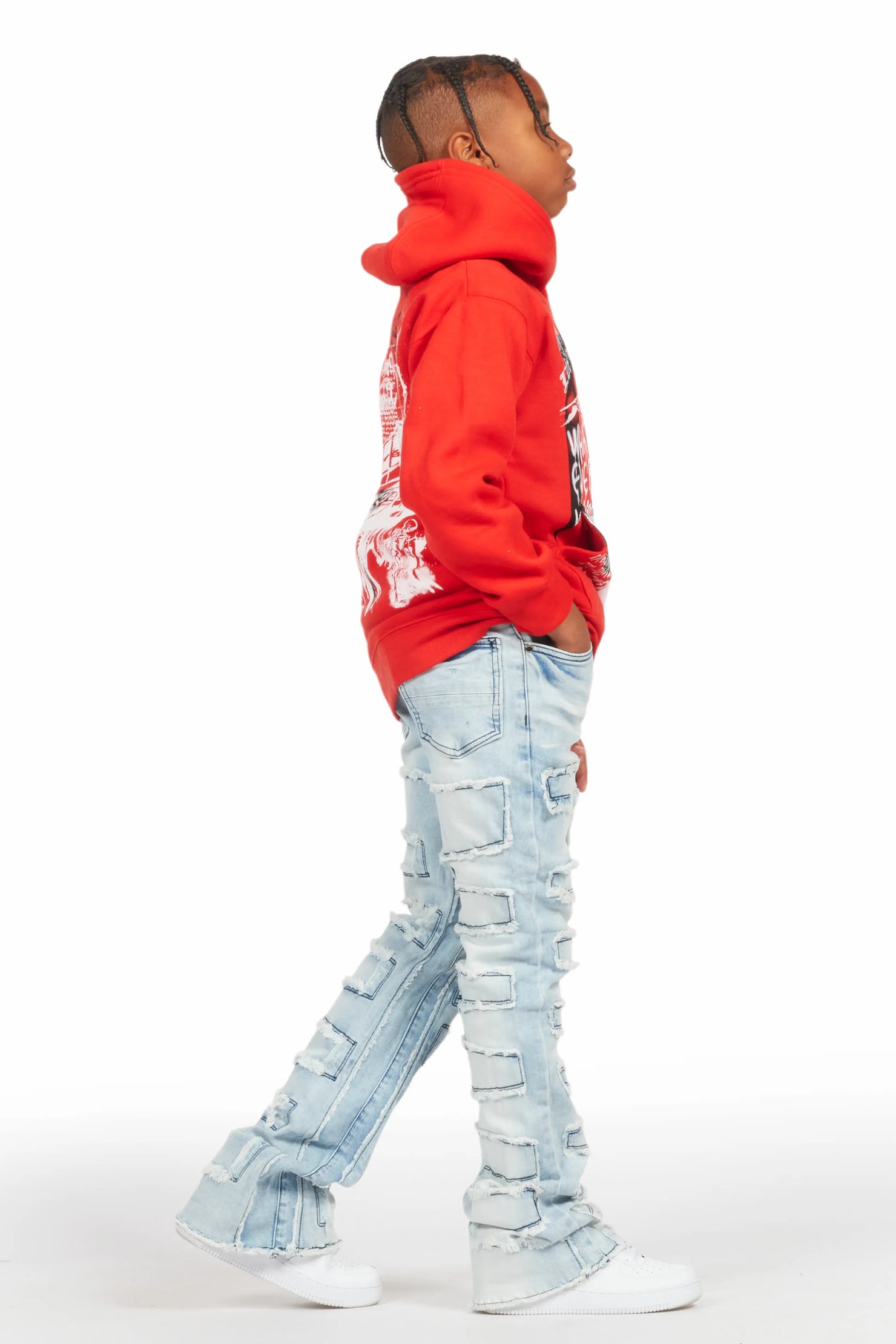 Boys Beau Red/Blue Hoodie/Stacked Flare Jean Set