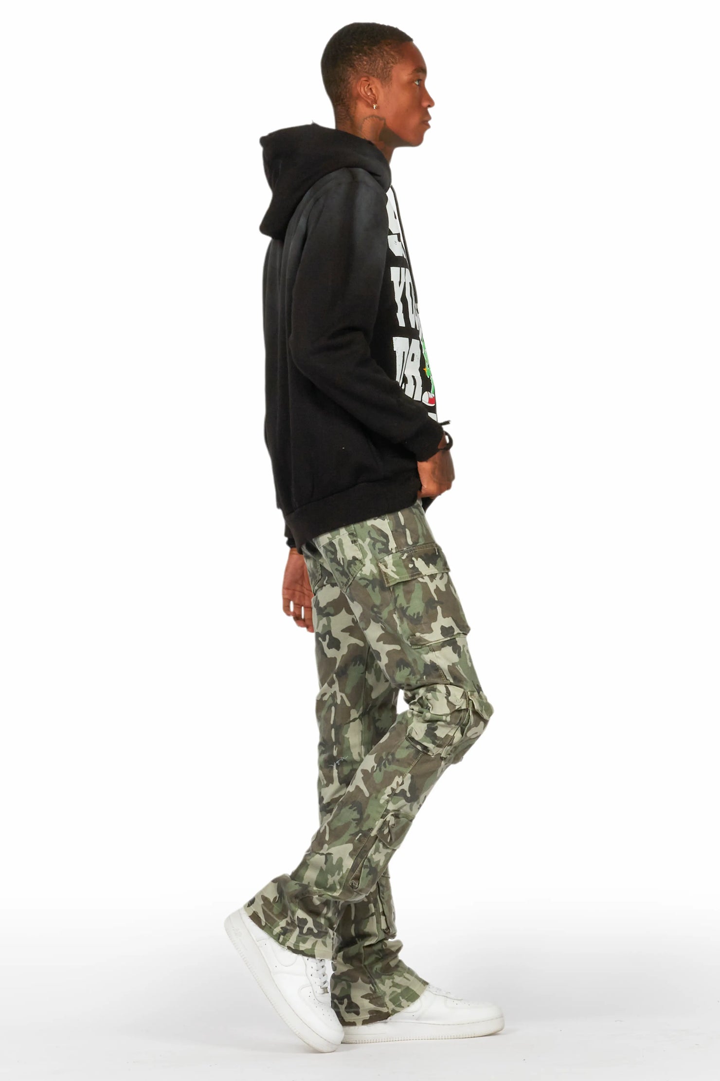 Yves Green Camo Stacked Flare Cargo Jean