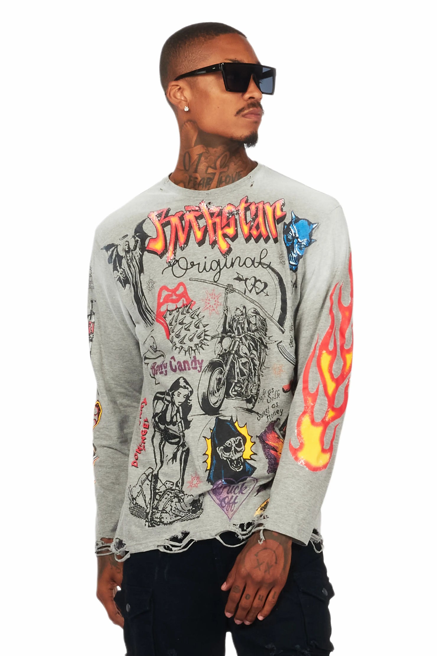 Shoota Heather Grey Long Sleeve Distressed Graphic T-Shirt