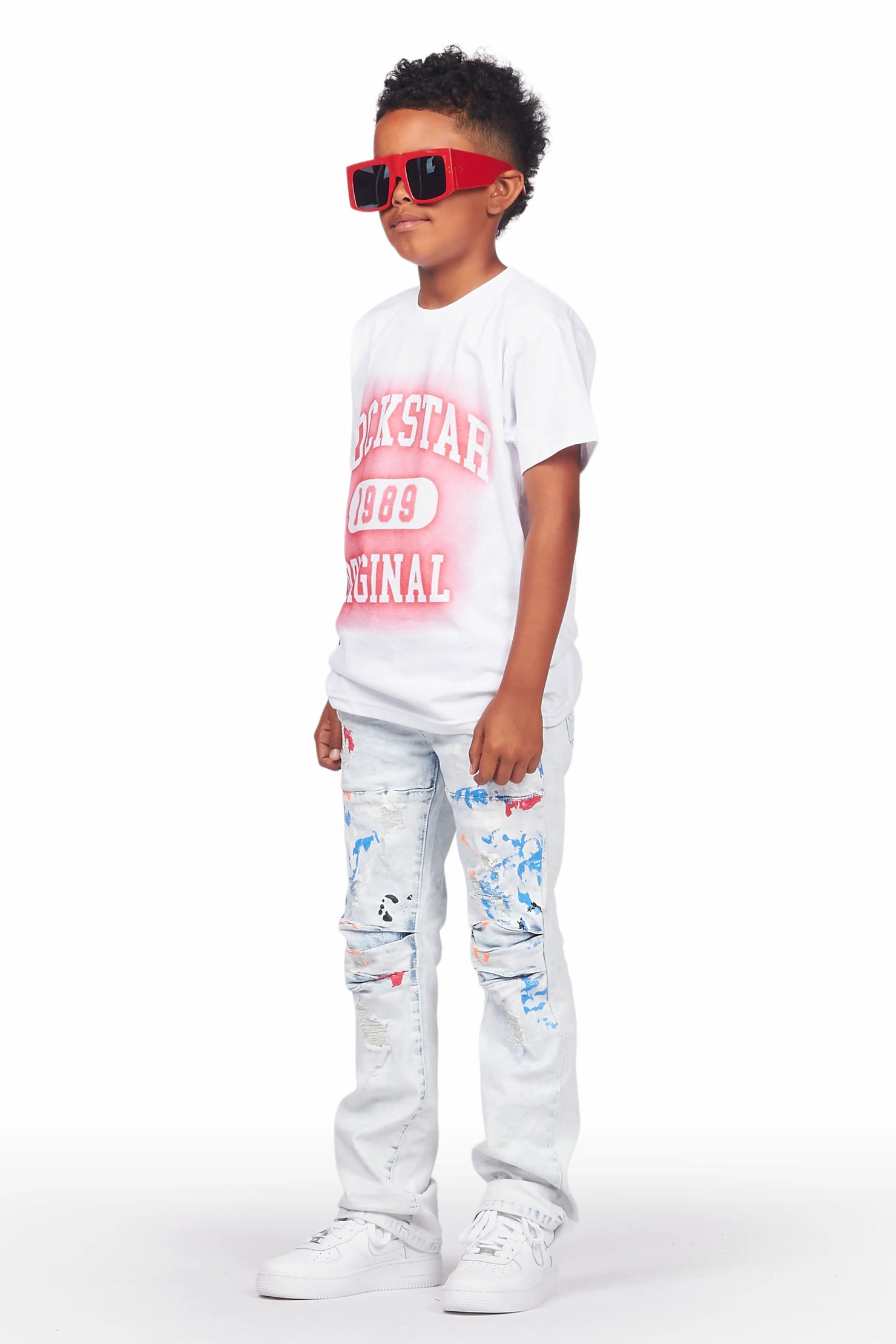 Boys Urian White/Red T-Shirt/Stacked Flare Jean Set