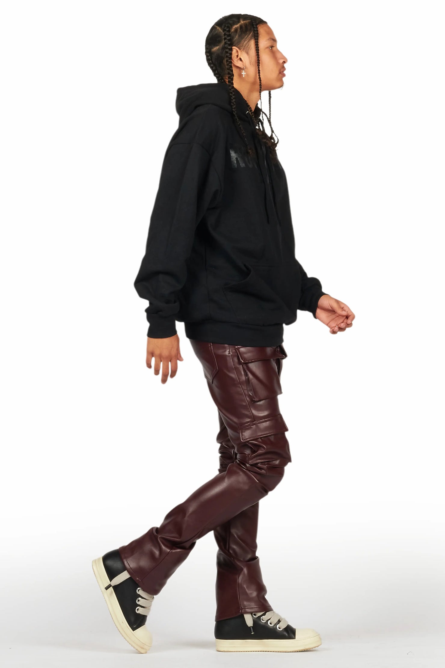 Kap Burgundy Stacked Flare Faux Leather Jean