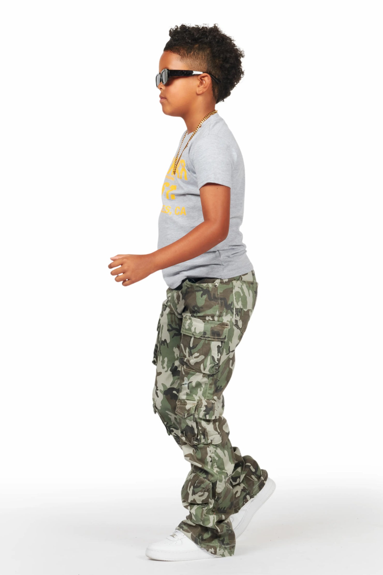 Boys Yves Green Camo Stacked Flare Cargo Jean