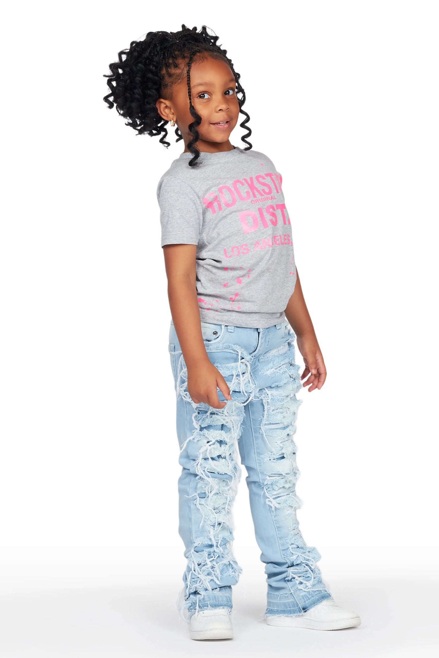 Girls Genie Grey/Blue T-Shirt/Stacked Flare Jean Set