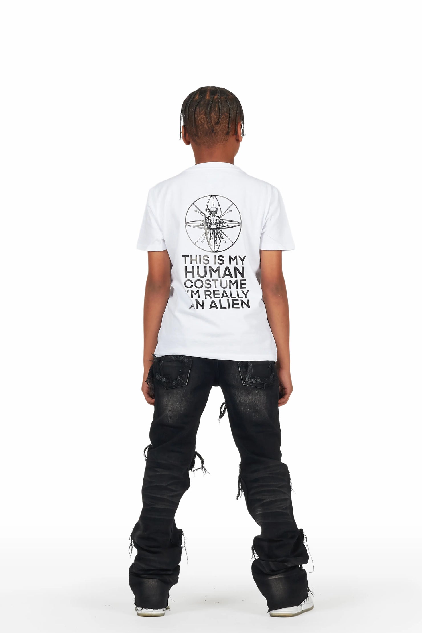 Boys Adeben White/Black T-Shirt Super Stacked Flare Jean Set