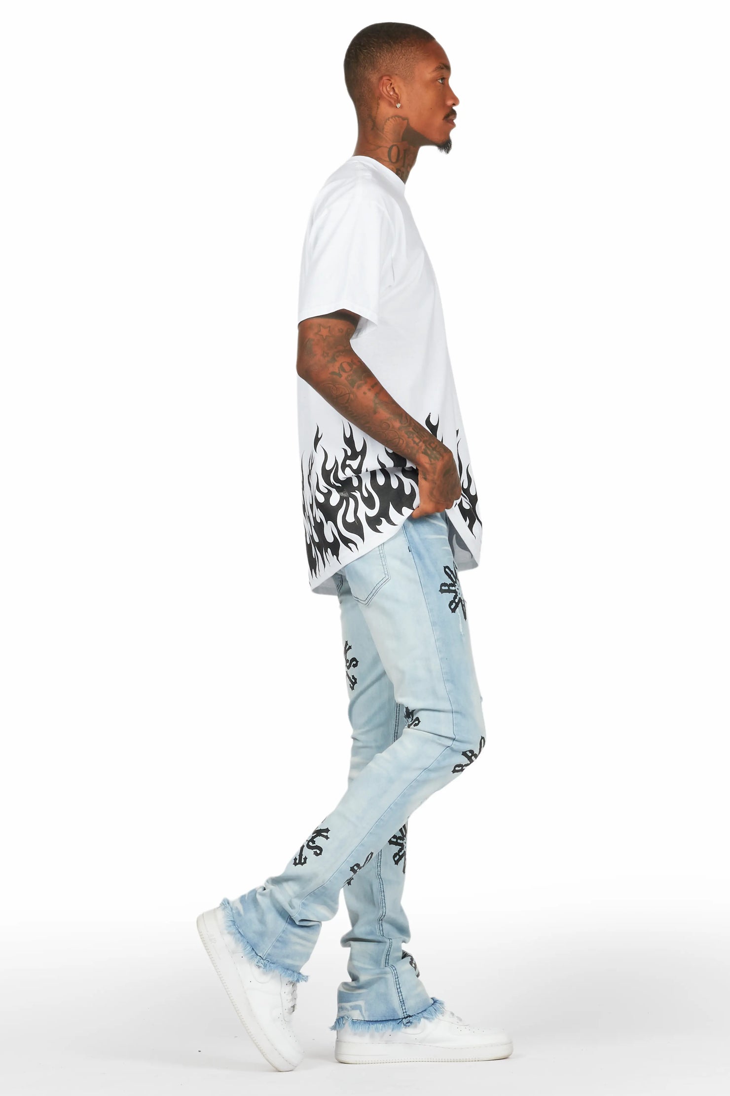 Neige Blue/ Black Graphic Stacked Flare Jean