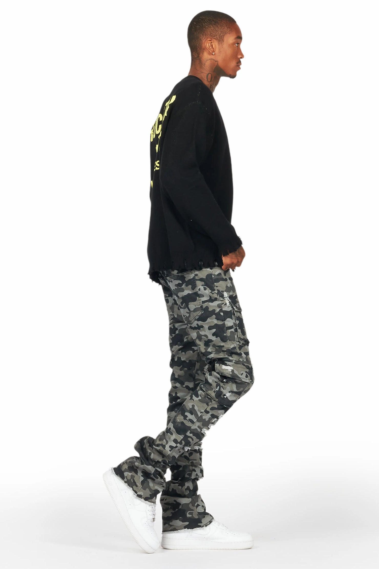 Zaid Grey Camo Stacked Flare Jean