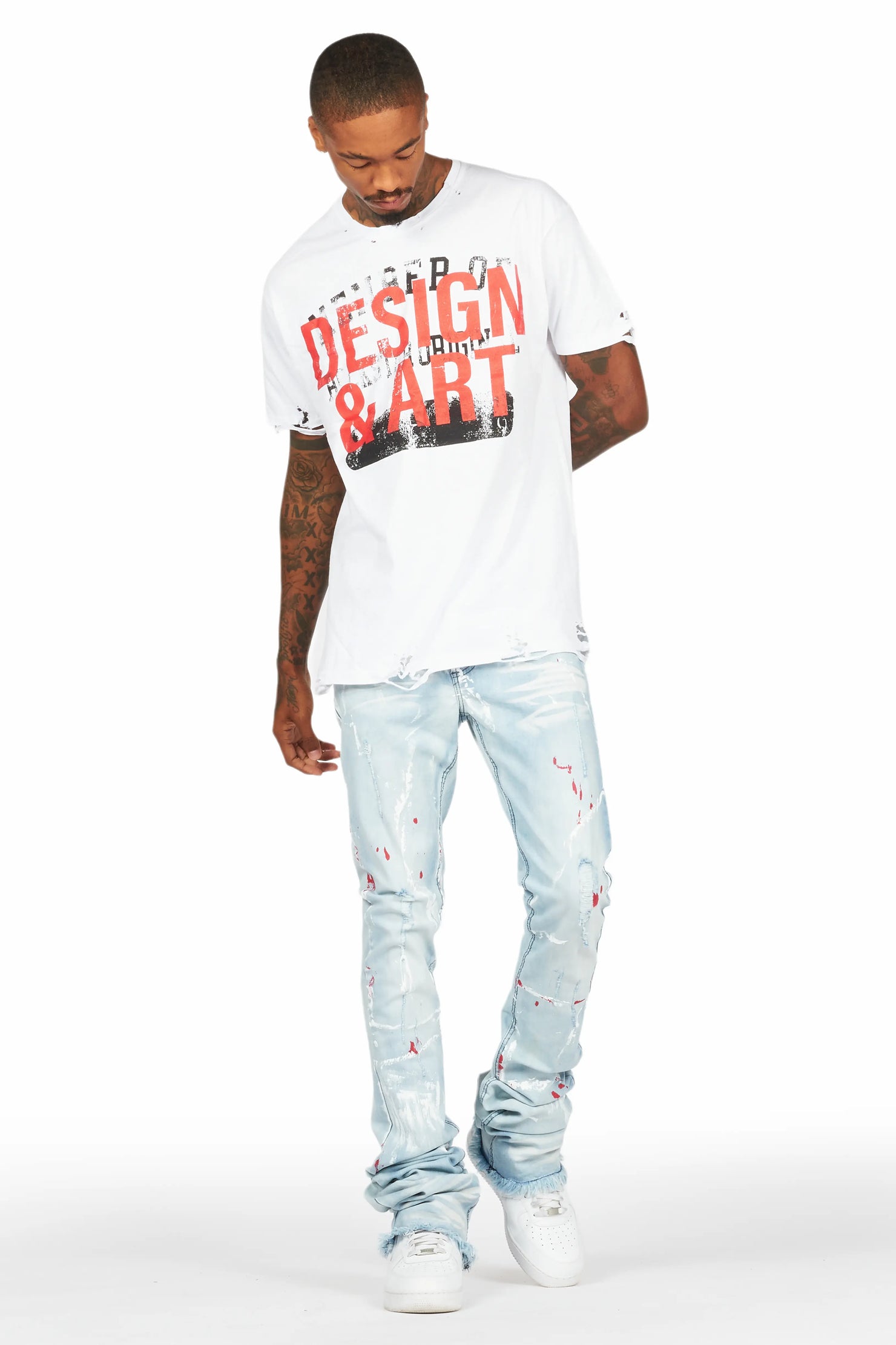 Magar White T-Shirt/Super Stacked Flare Jean Set