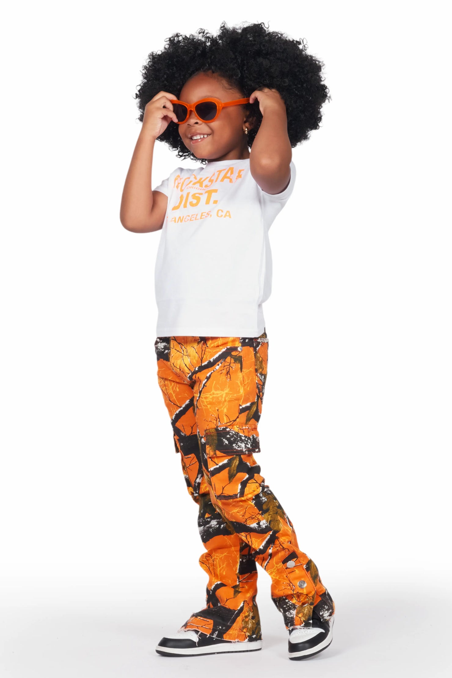 Girls Kona White/Orange T-Shirt/Stacked Flare Jean Set