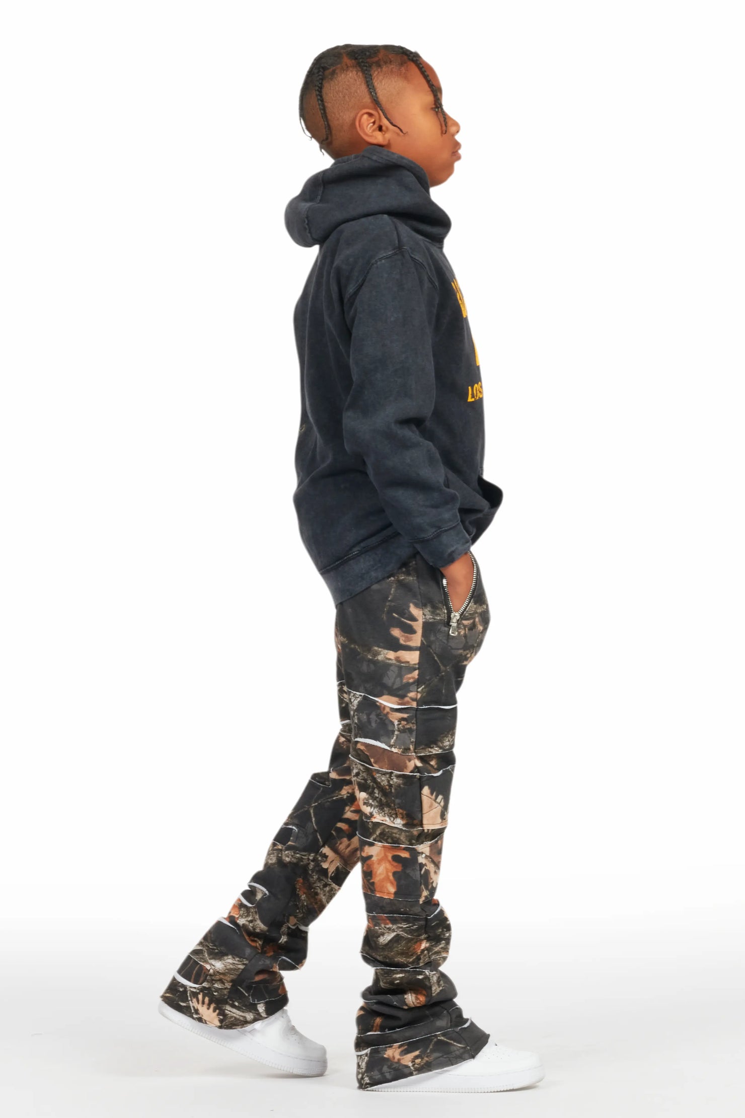 Boys Emilio Black Tree Camo Stacked Flare Track Pant