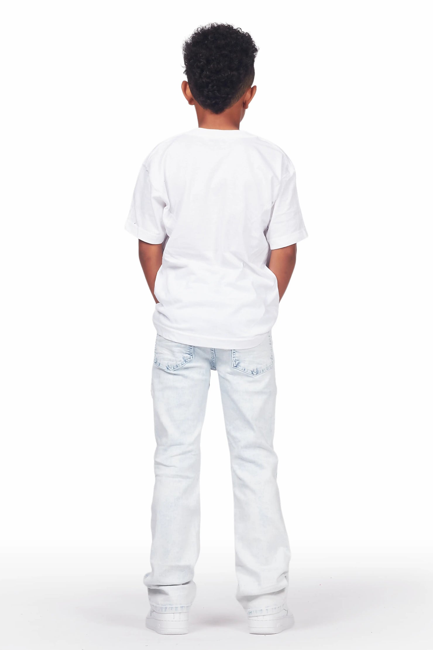 Boys Urian White/Blue T-Shirt/Stacked Flare Jean Set