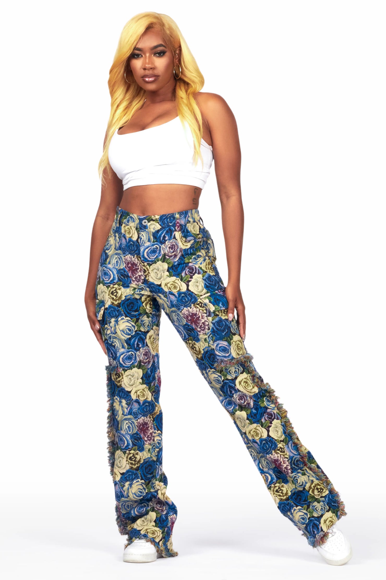 Darresha Blue Floral Tapestry Stacked Pant