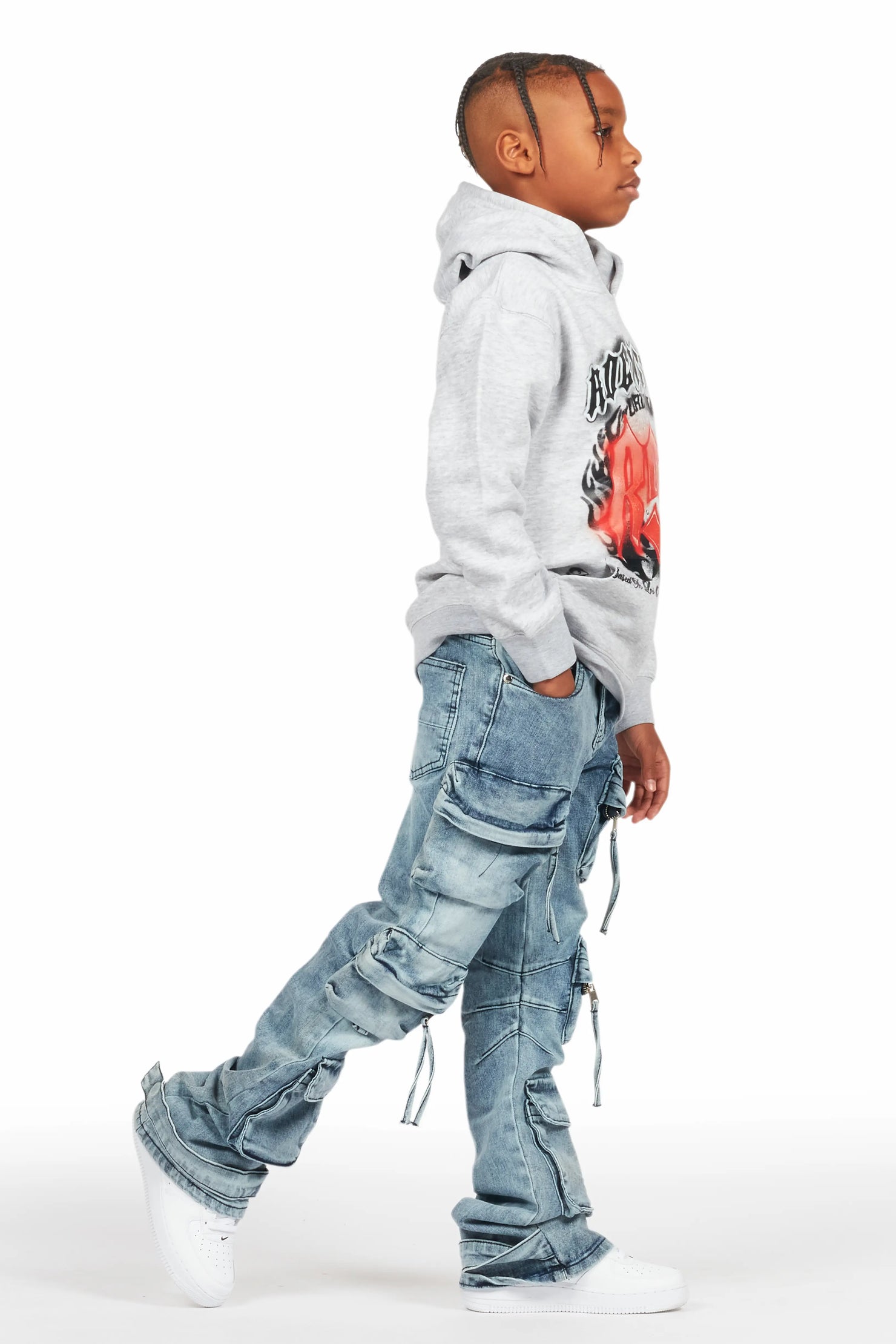 Boys Boaz Heather Grey Hoodie/Stacked Flare Jean Set