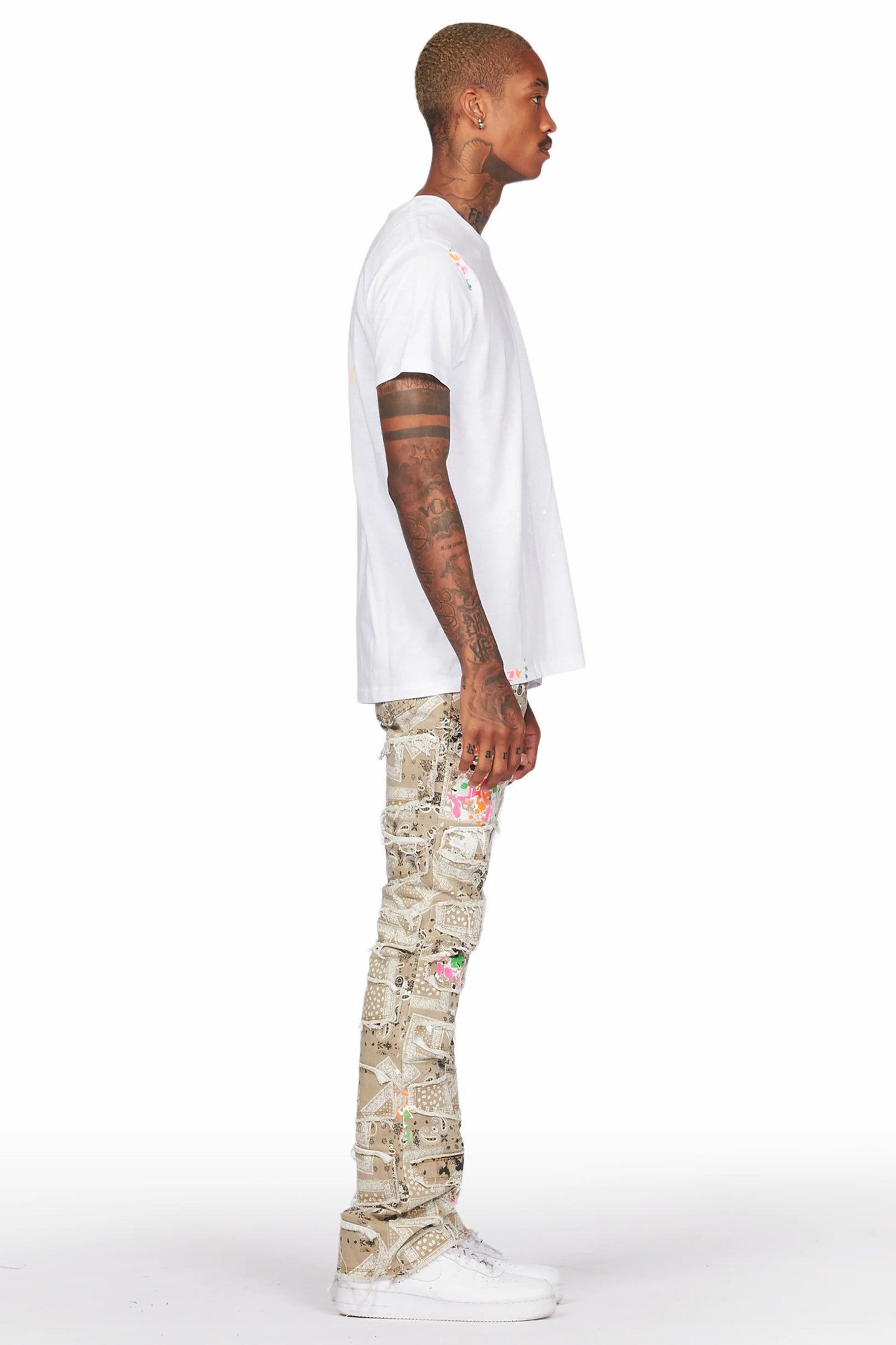 Kavi White/Beige T-Shirt/Stacked Flare Jean Set