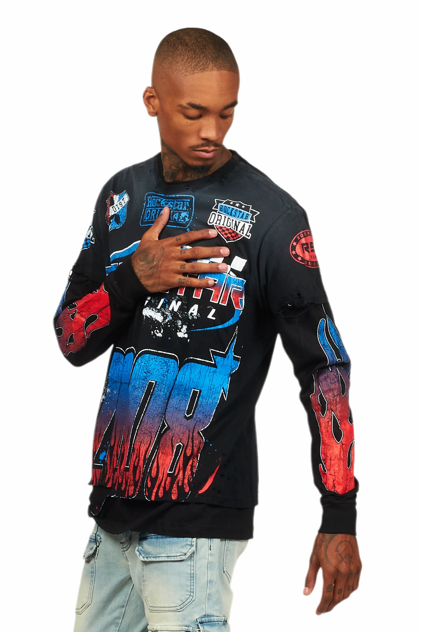 Amos Black Double Layer Long Sleeve Graphic T-Shirt